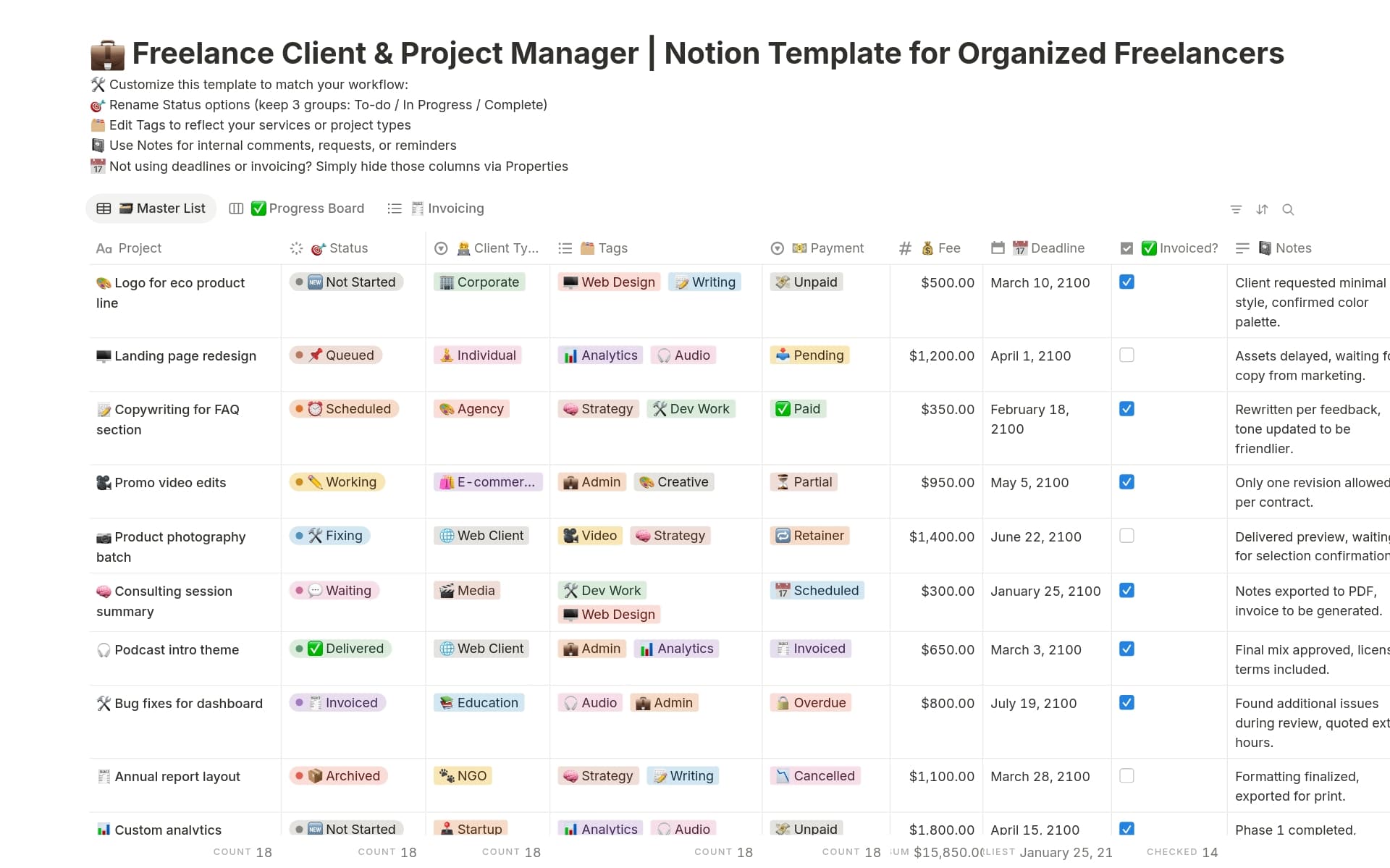 A template preview for 💼 Freelance Client & Project Manager