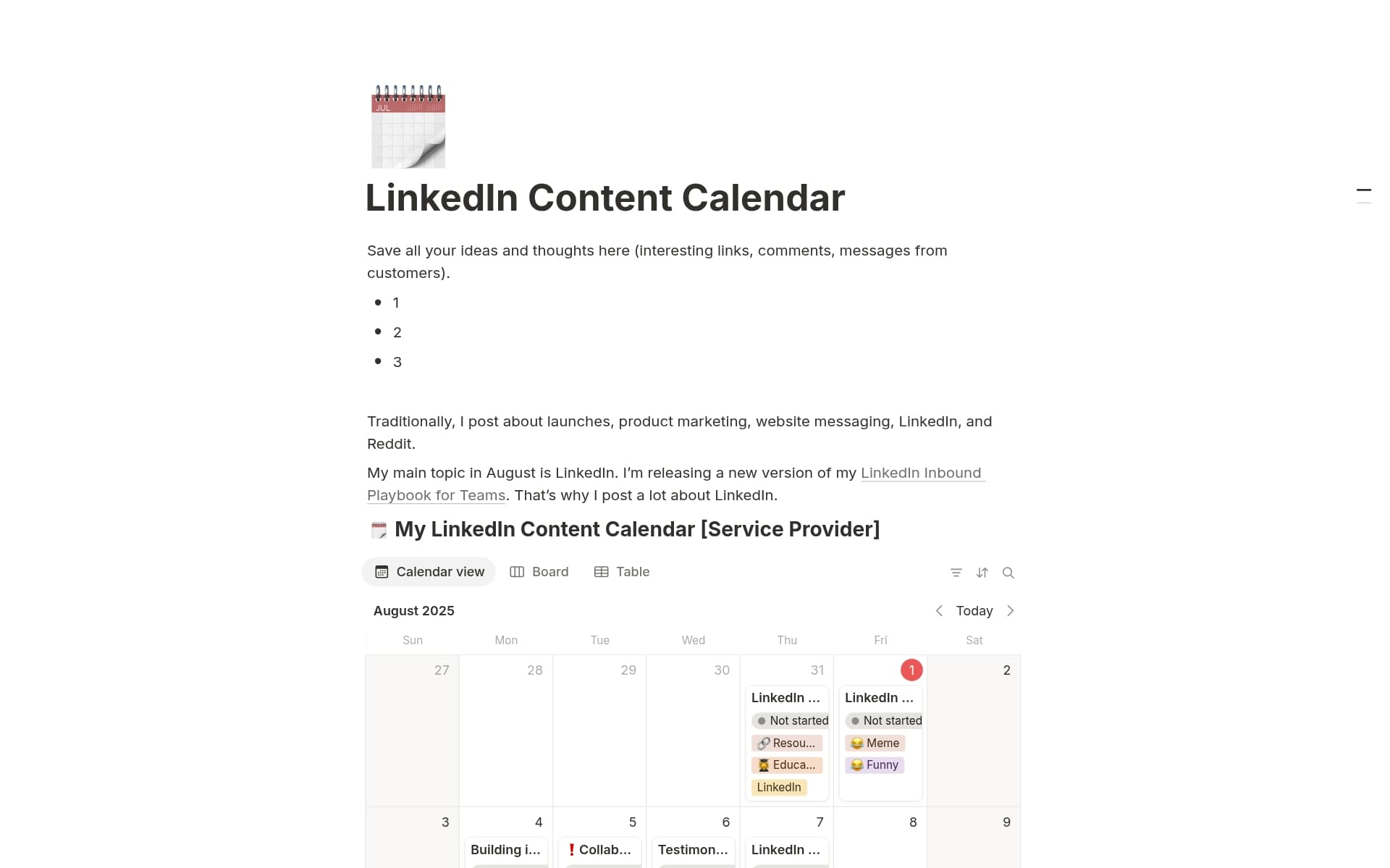 A template preview for LinkedIn Content Calendar