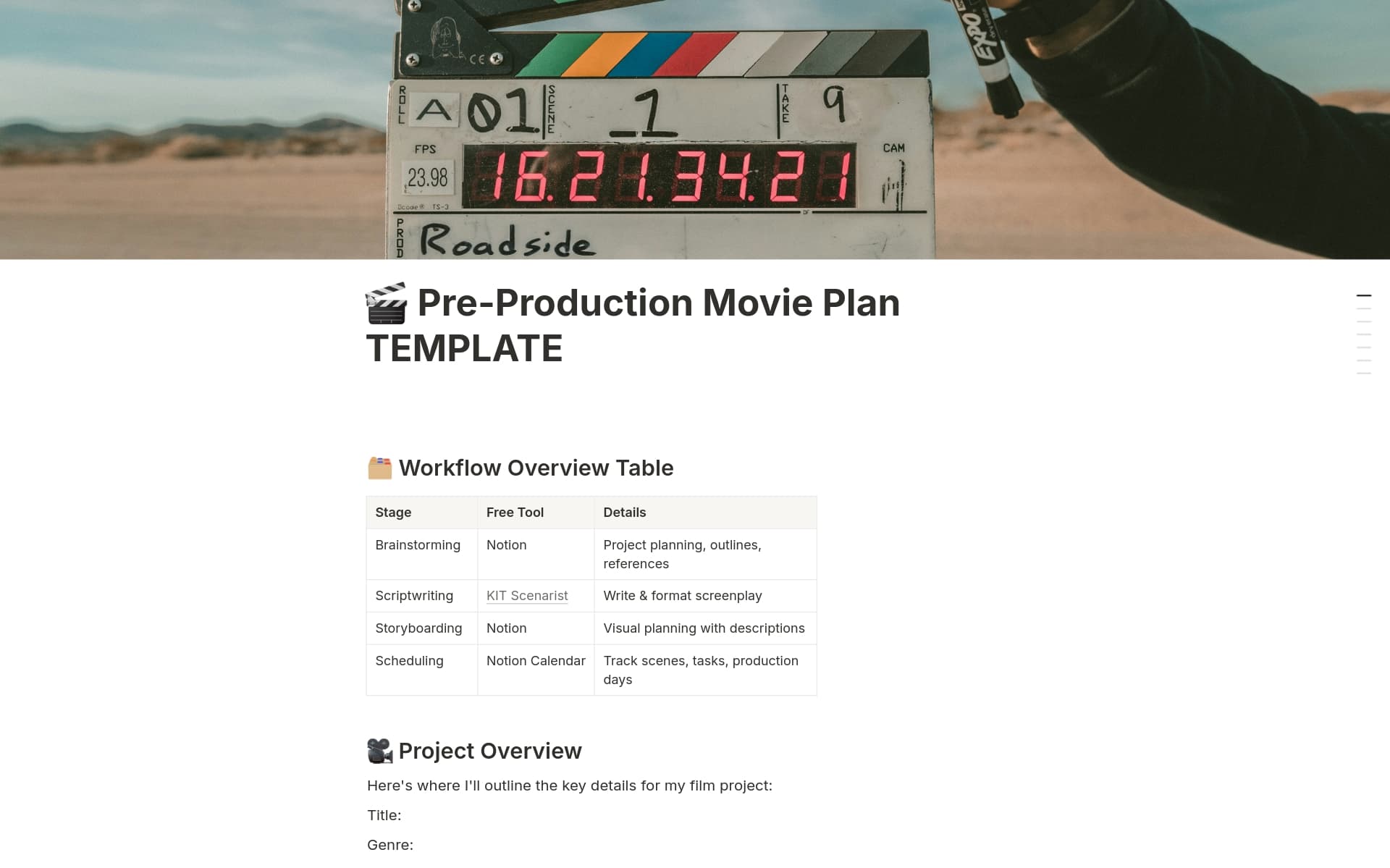 A template preview for Pre Production Movie Plan