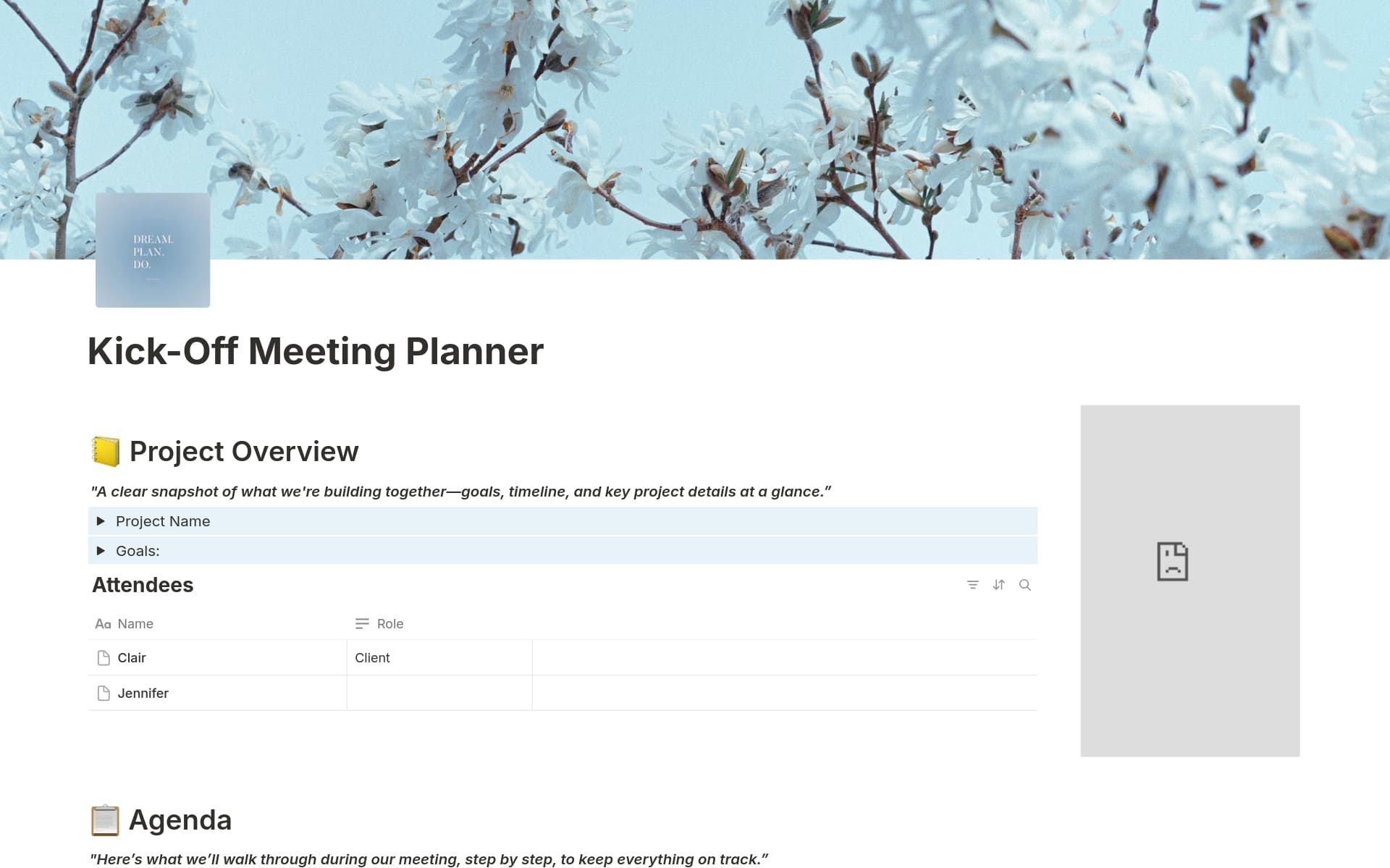 A template preview for Kick-Off Meeting Planner