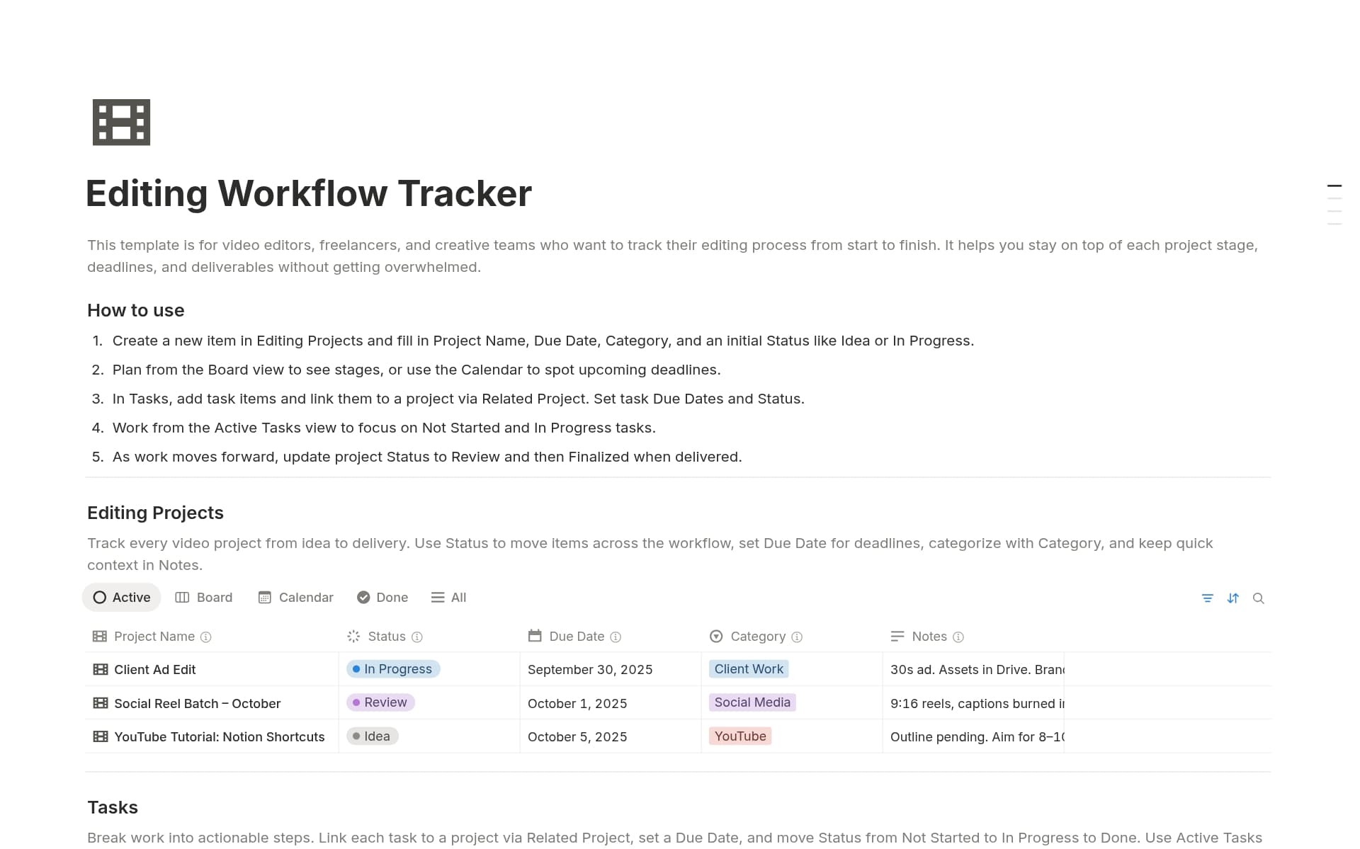 Uma prévia do modelo para Editing Workflow Tracker