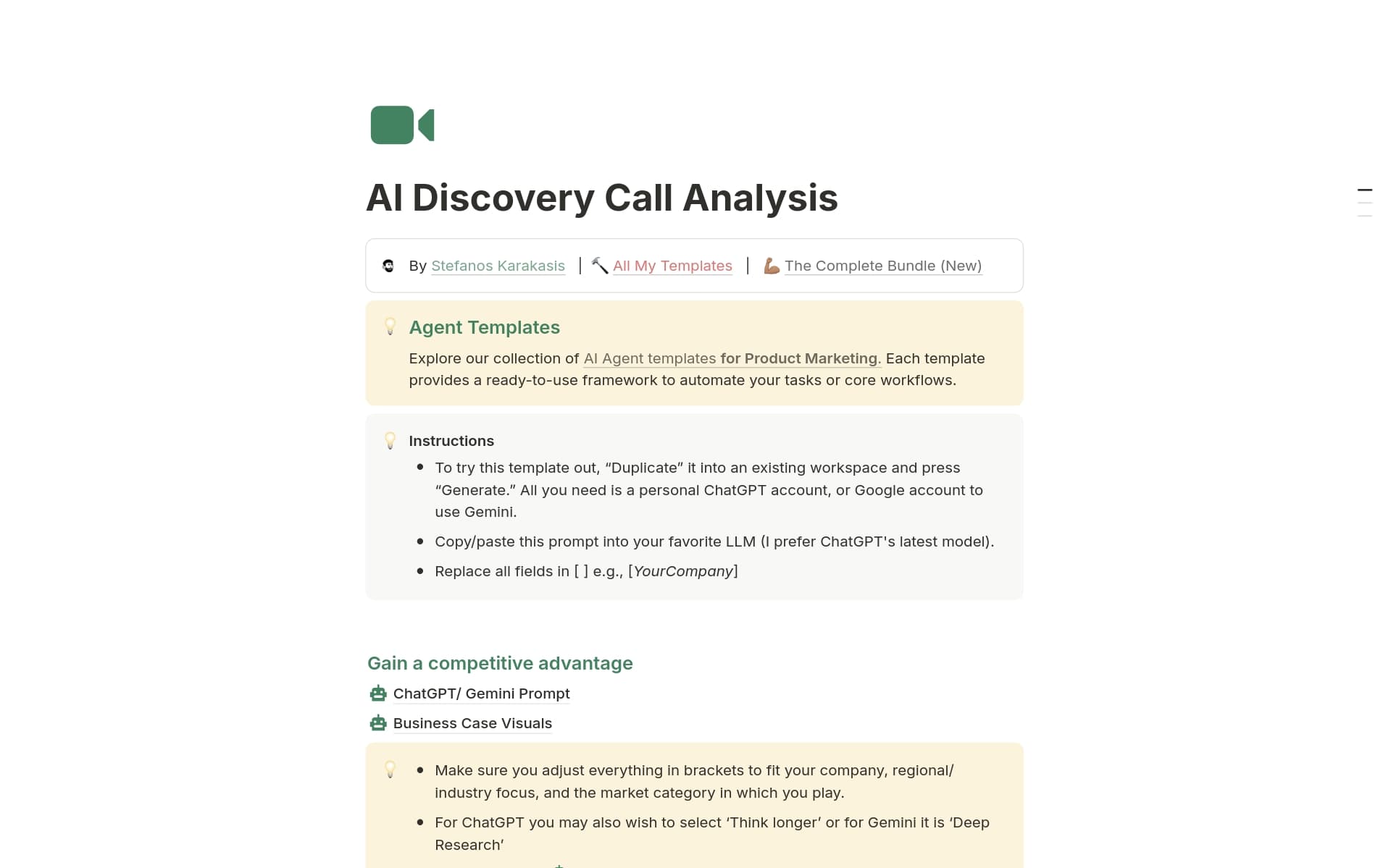 A template preview for AI Discovery Call Analysis