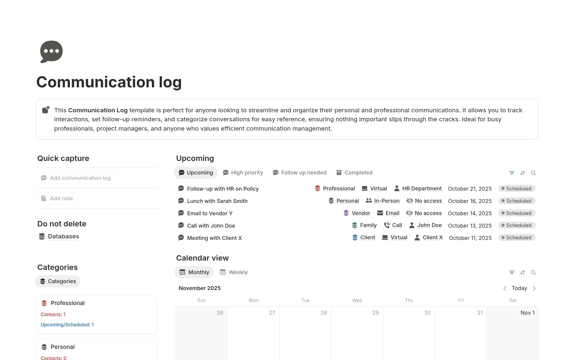A template preview for Communication log
