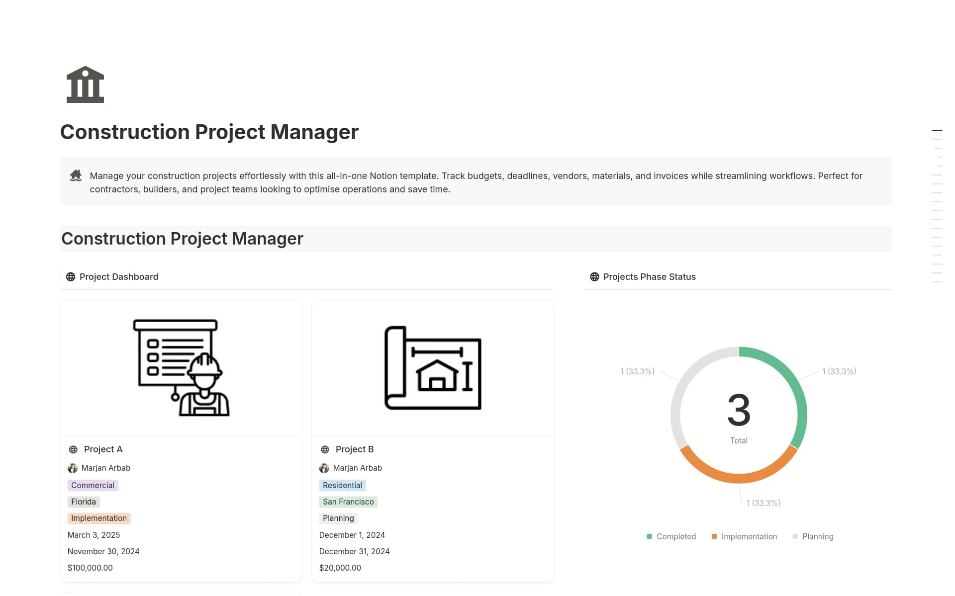 A template preview for Construction Project Manager