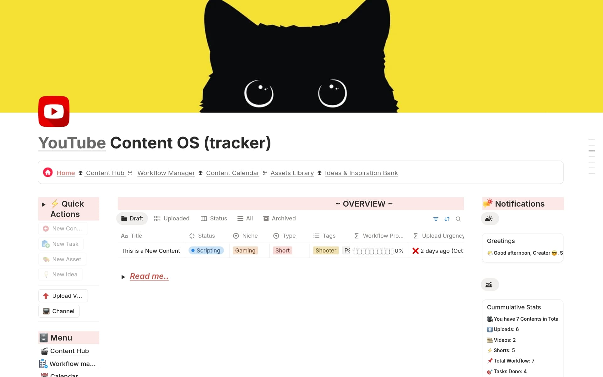 Uma prévia do modelo para YouTube Content OS (tracker)