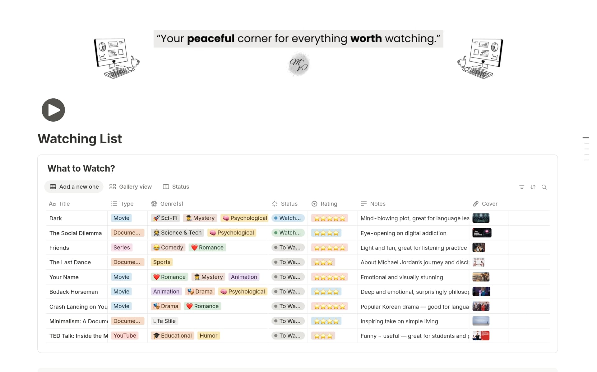 A template preview for Watching List