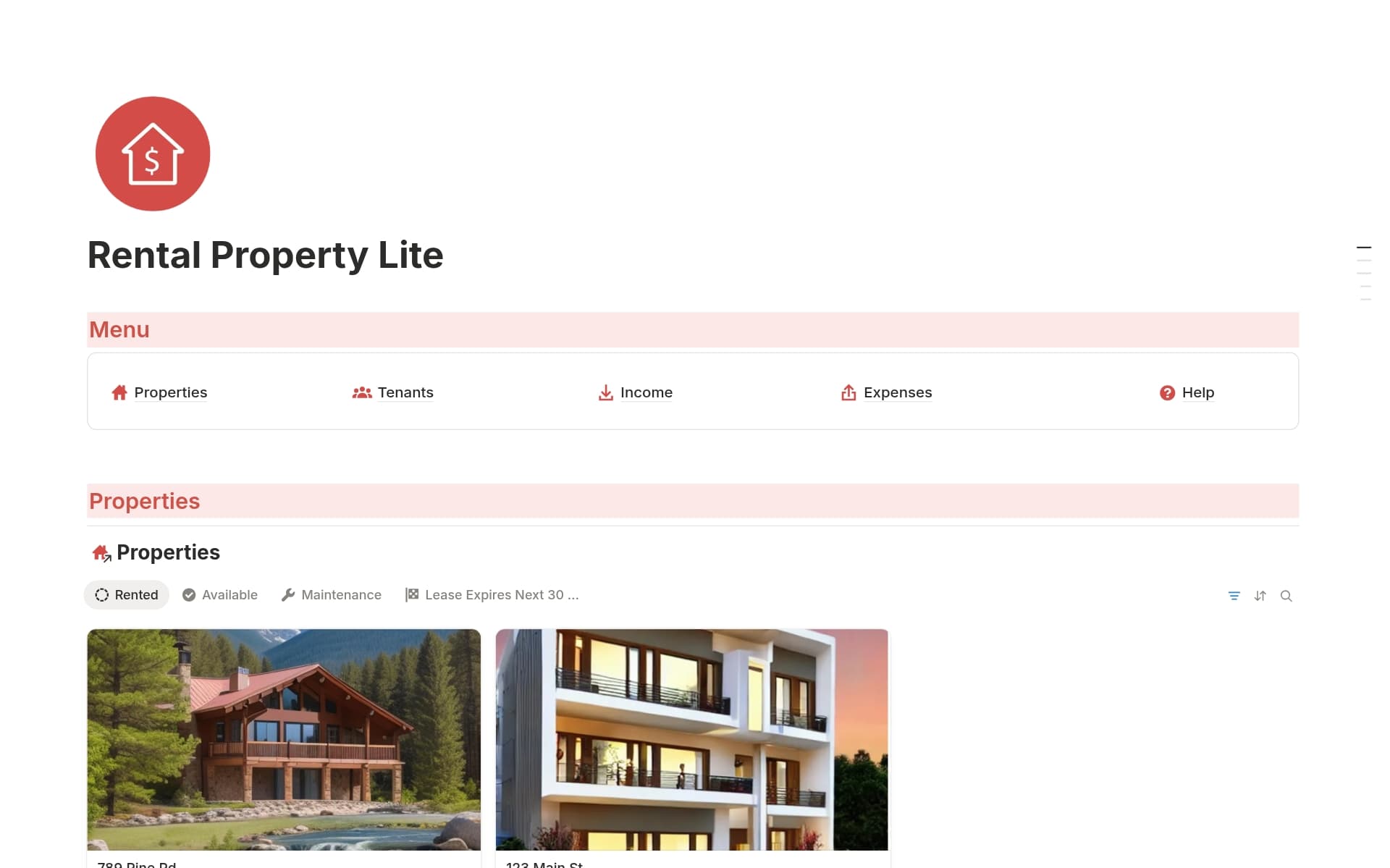 A template preview for Rental Property Lite