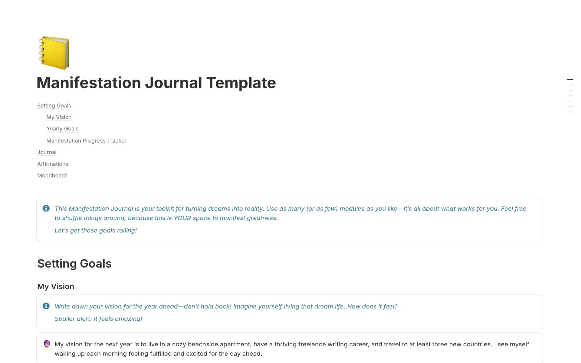 A template preview for Manifestation Tracker System