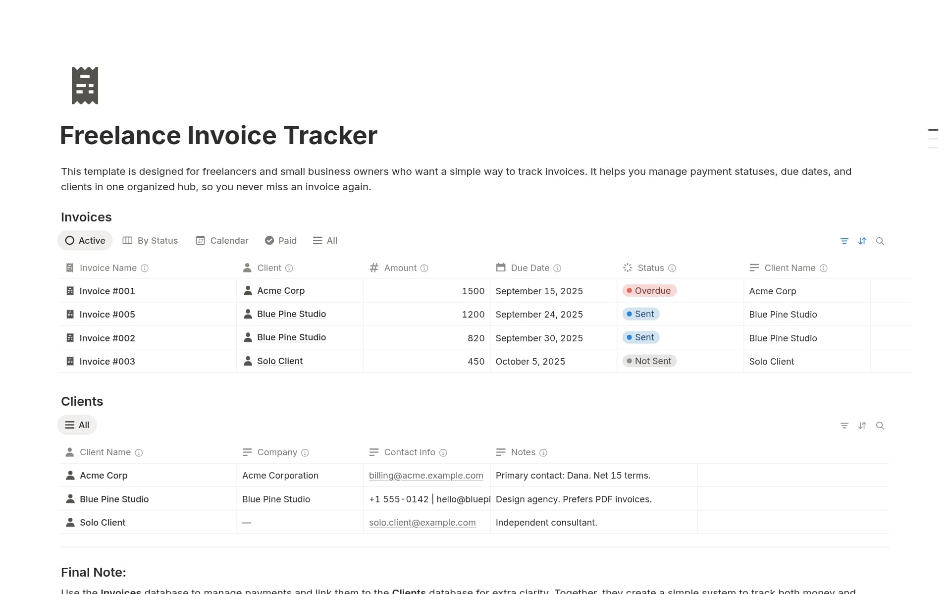 Uma prévia do modelo para Freelance Invoice Tracker