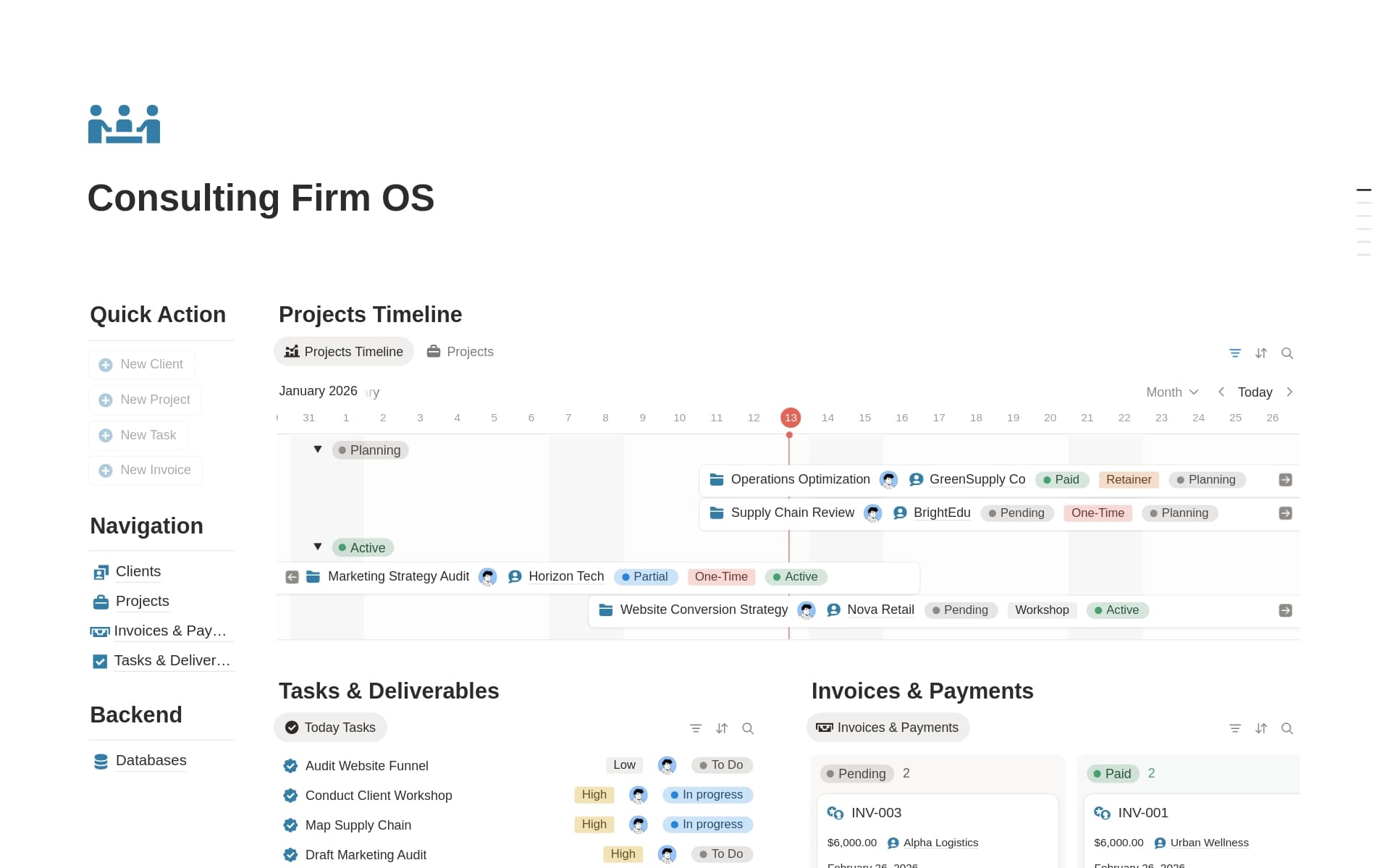 معاينة قالب Consulting Firm OS | Clients, Projects & Revenue