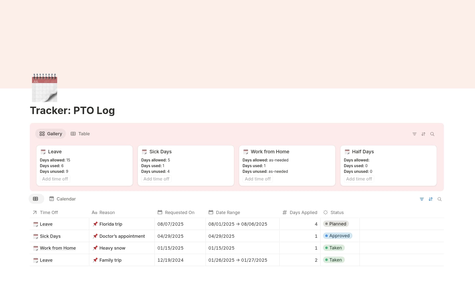 A template preview for Tracker: PTO Log