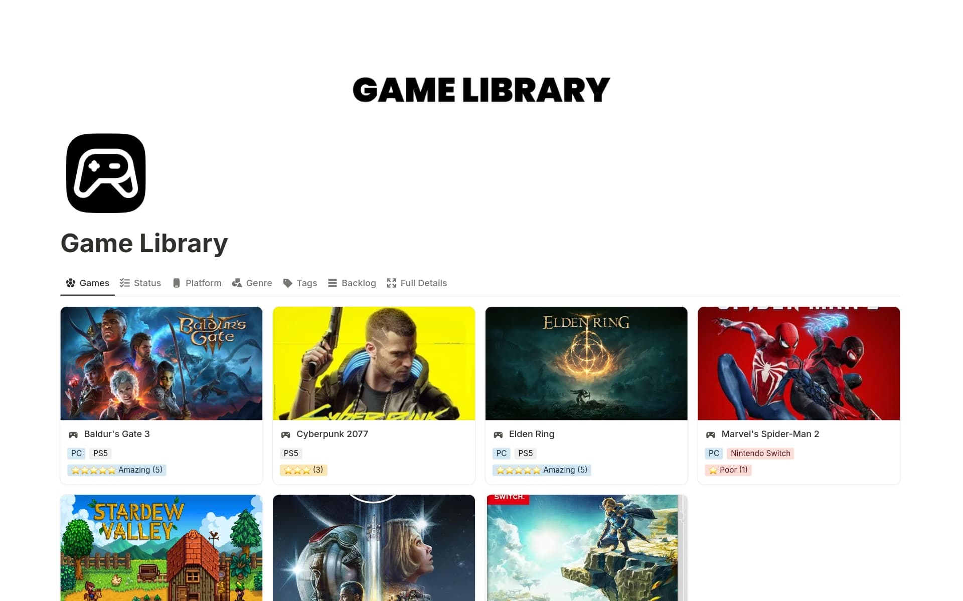 A template preview for Game Library