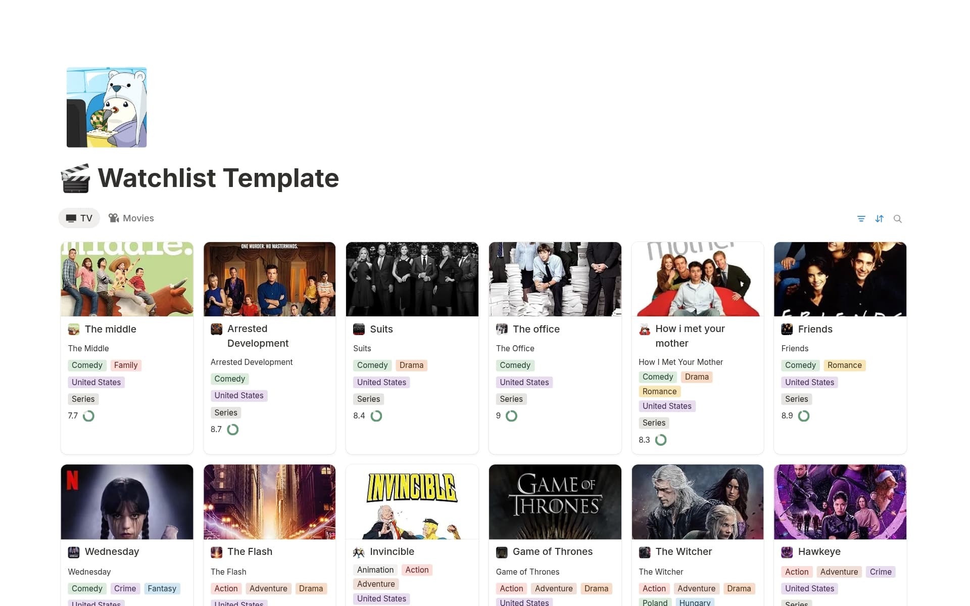 A template preview for Movie and TV Watchlist