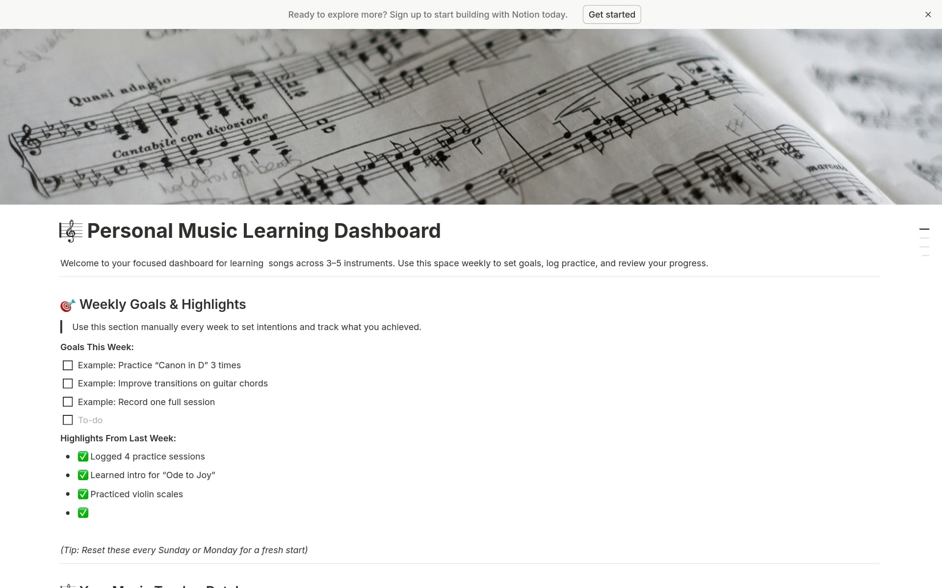 A template preview for 🎼 Personal Music Learning Dashboard