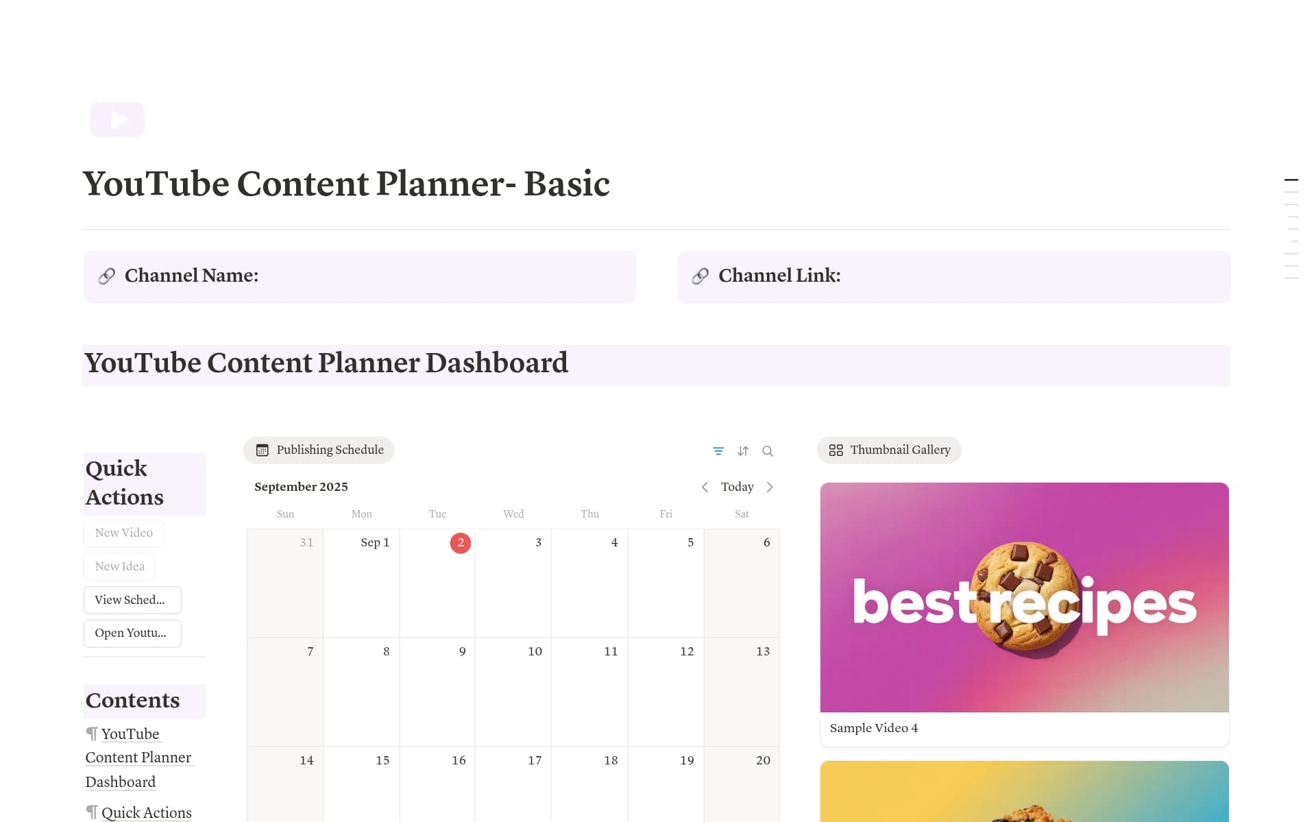 A template preview for YouTube Content Planner- Basic