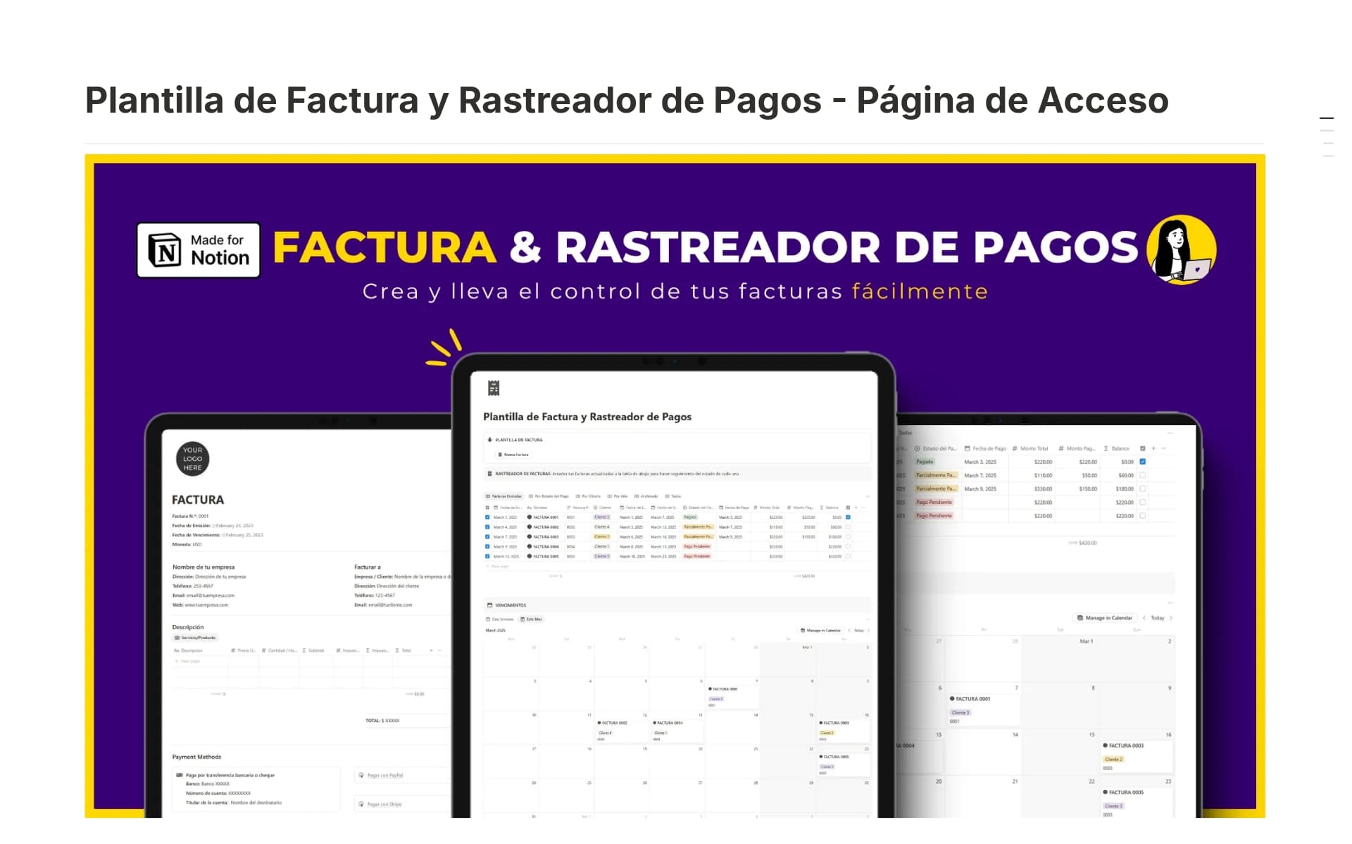 A template preview for Plantilla de Factura y Rastreador de Pagos