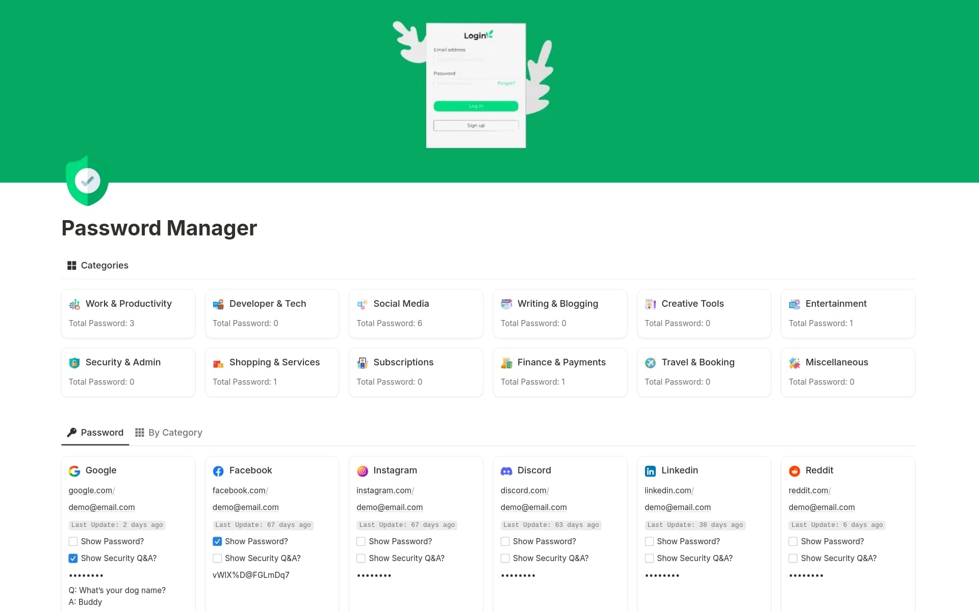 A template preview for Password Manager