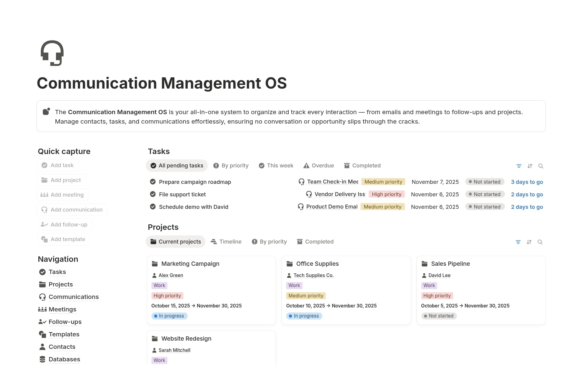A template preview for Communication Management OS