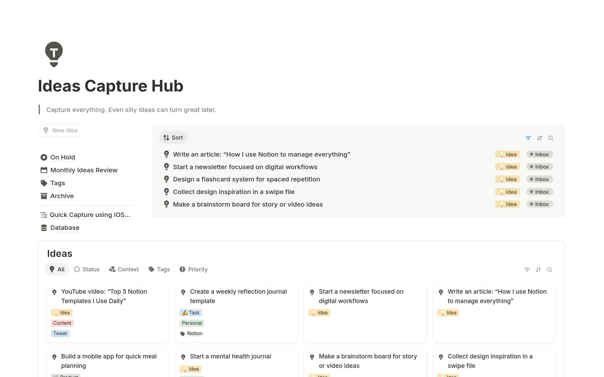 A template preview for Ideas Capture Hub + iOS Shortuct