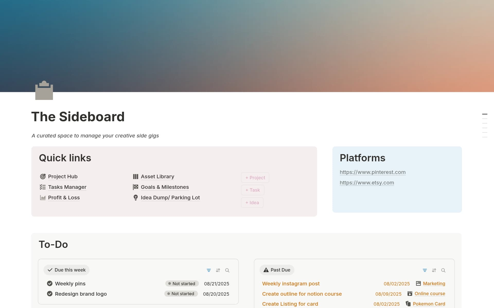A template preview for The Sideboard: Side Hustle Dashboard