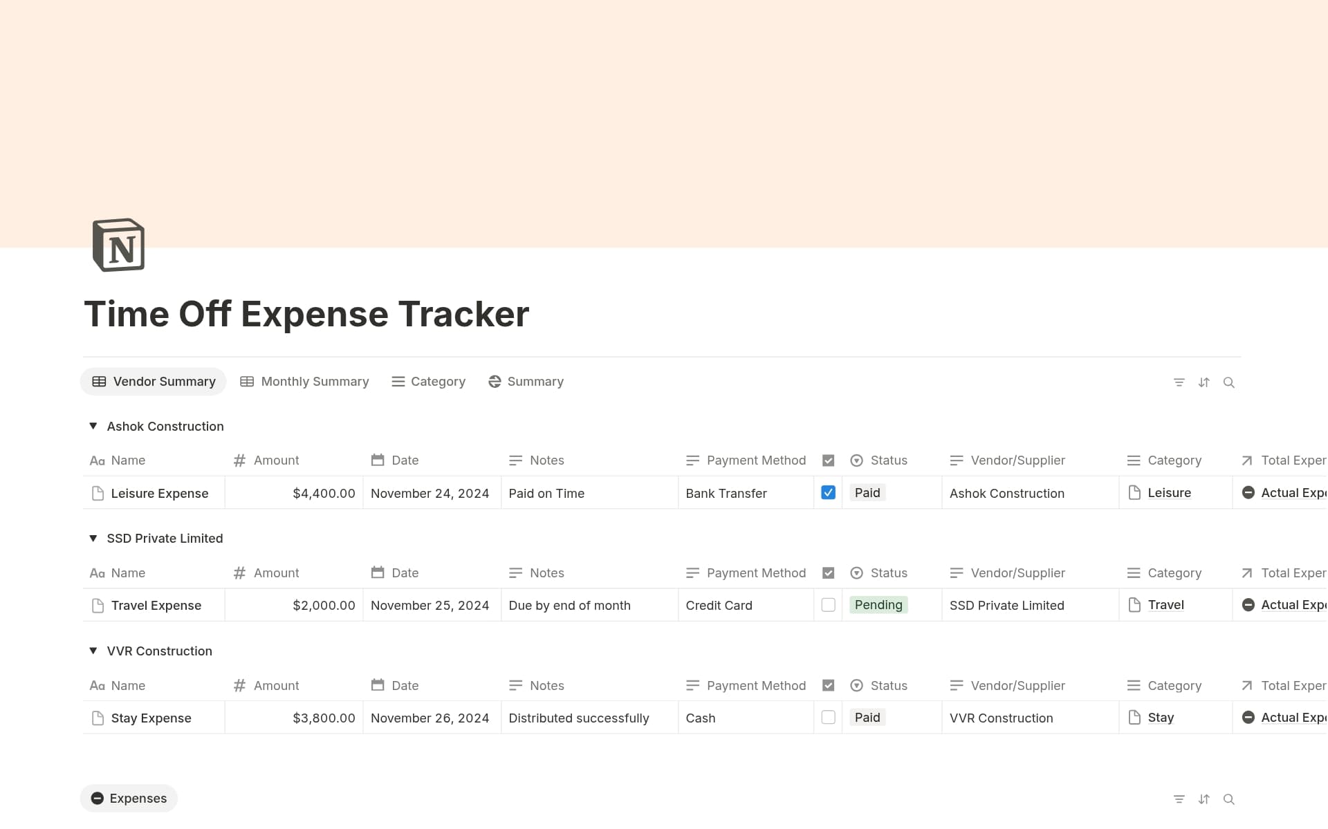 A template preview for Time Off Expense Tracker