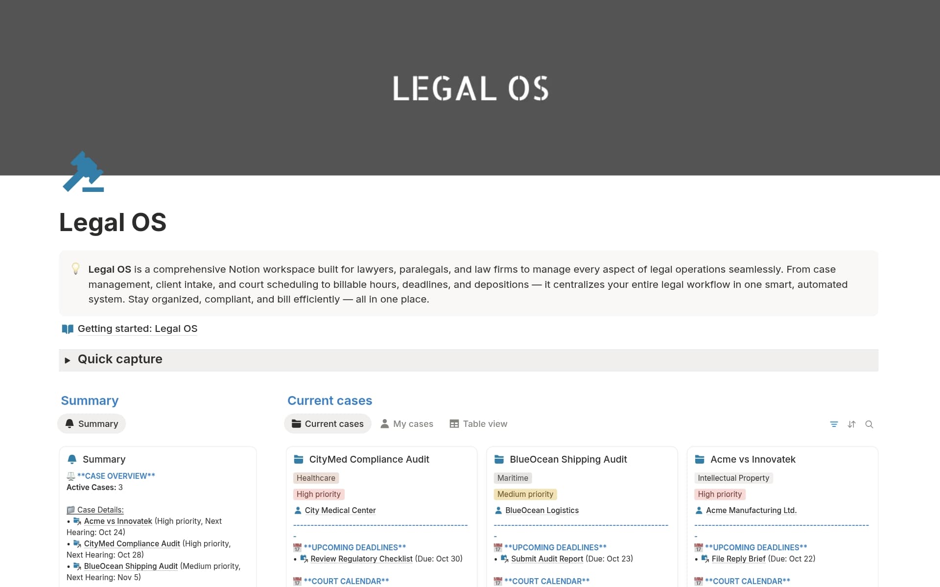 A template preview for Legal OS