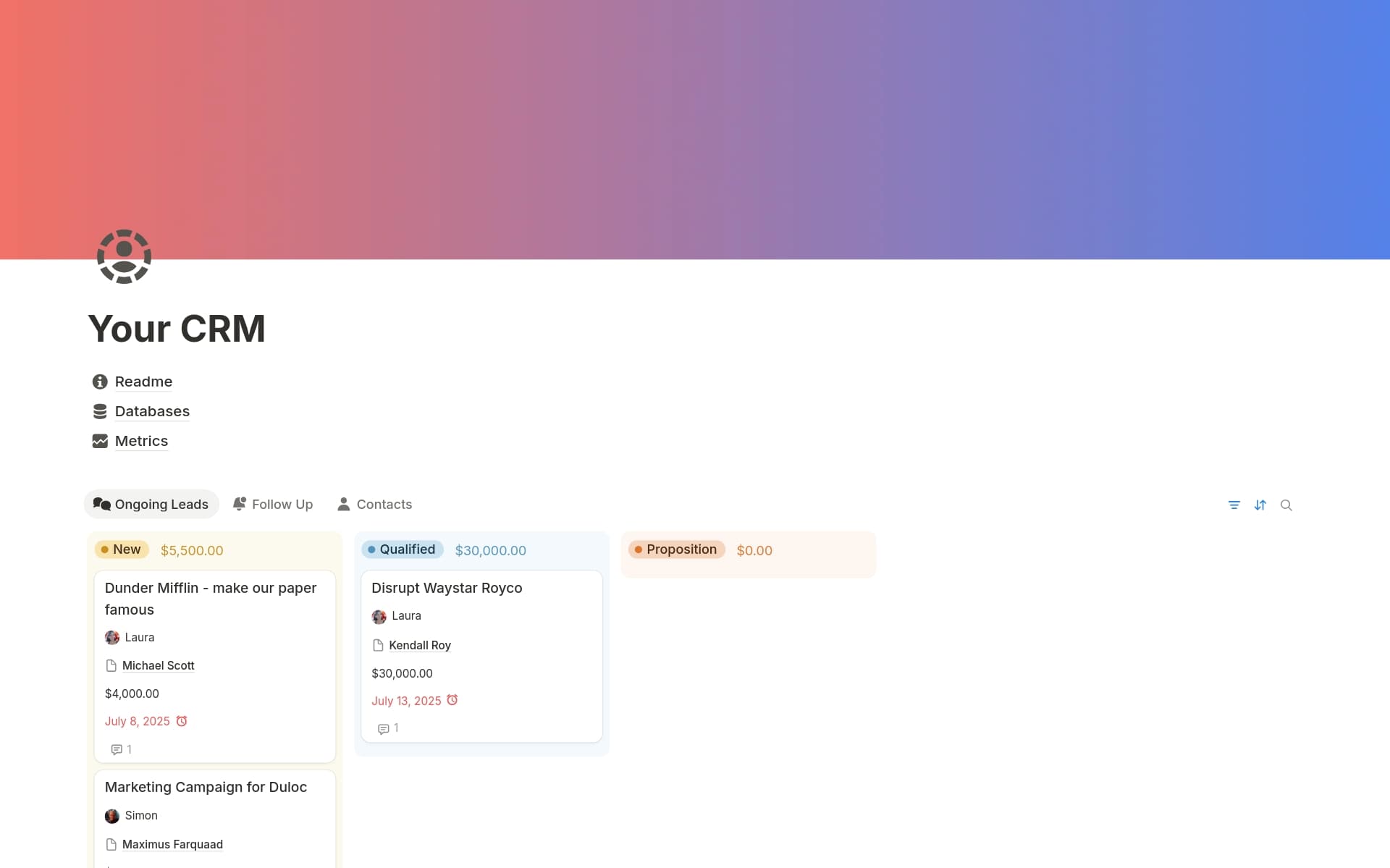 A template preview for Your CRM