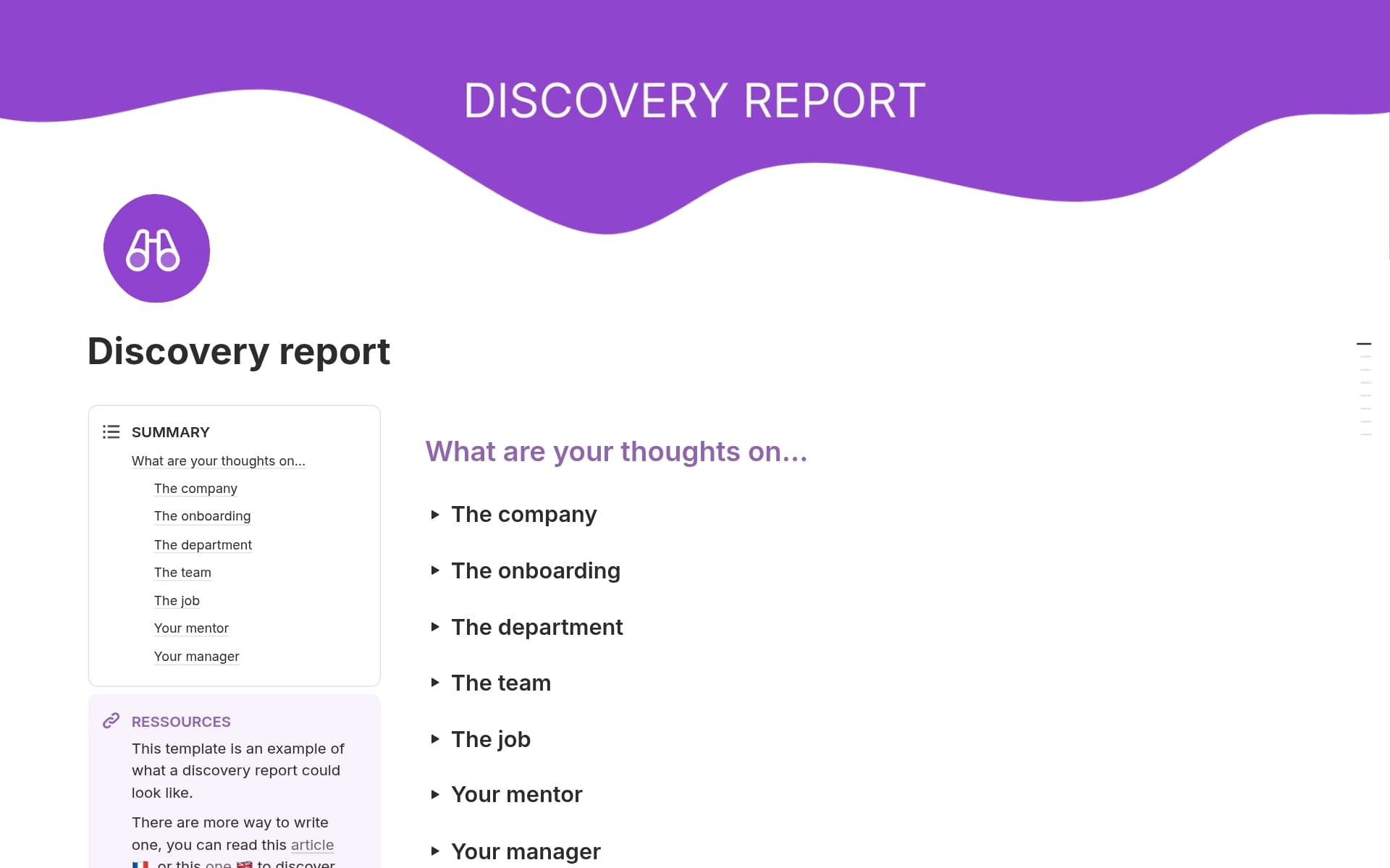 A template preview for Discovery report