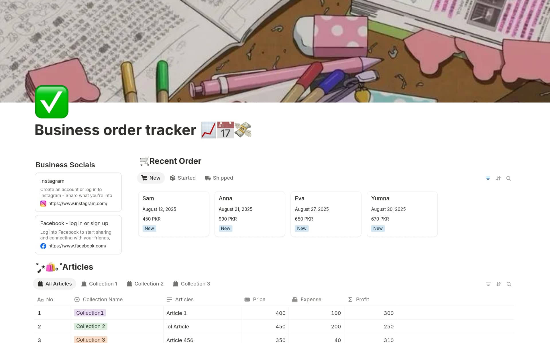 A template preview for Business orders tracker