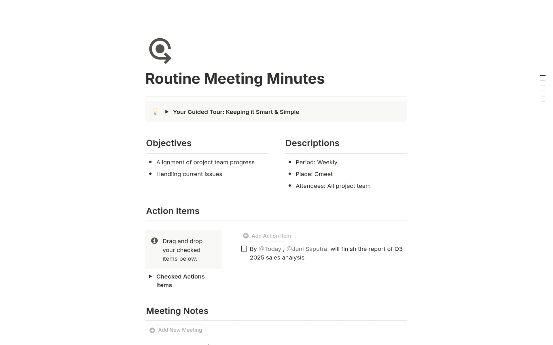 A template preview for Routine Meeting Minutes