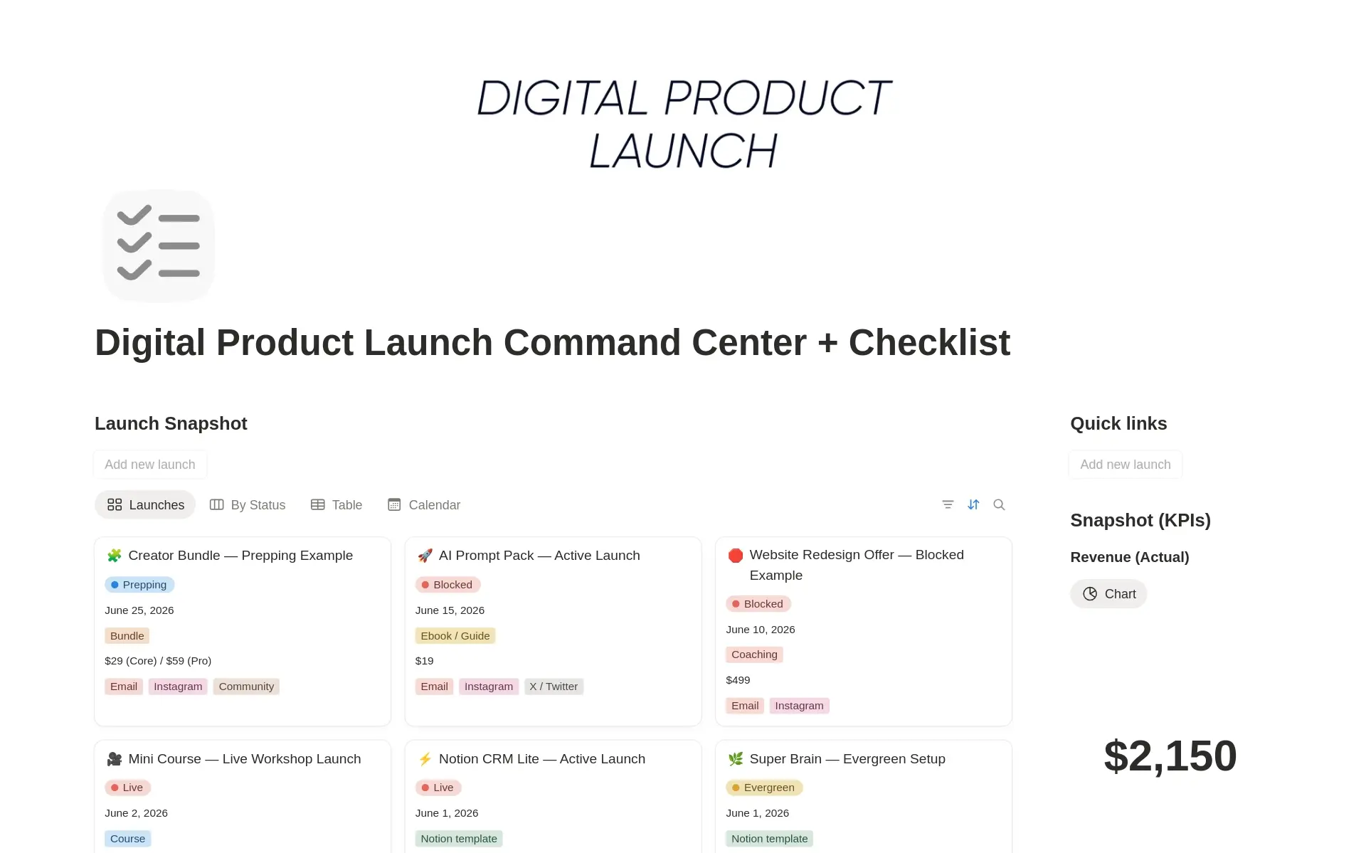 Digital Product Launch Command Center + Checklist template preview