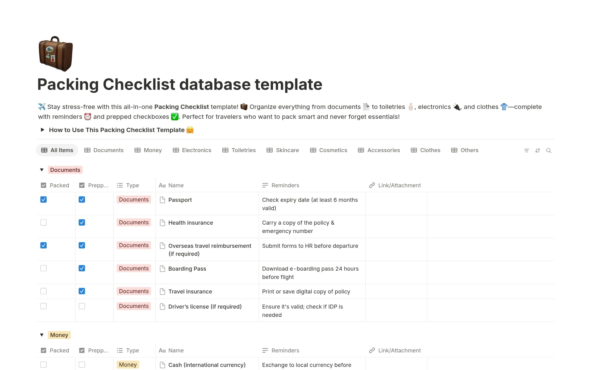 Vista previa de plantilla para Packing Checklist database
