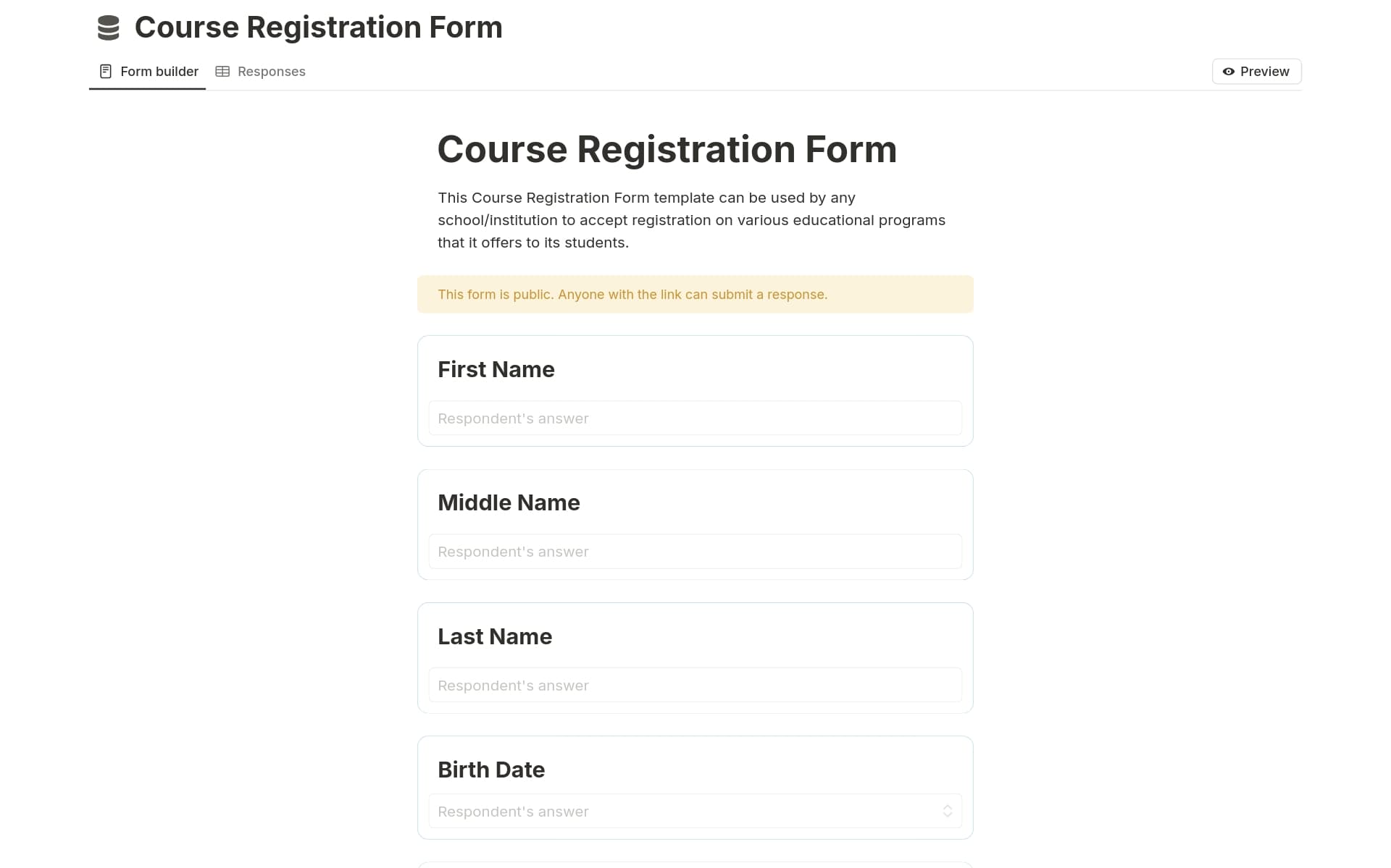 A template preview for Course Registration Form
