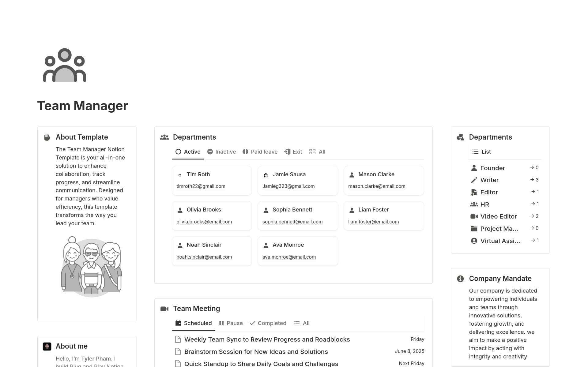 A template preview for Team Manager