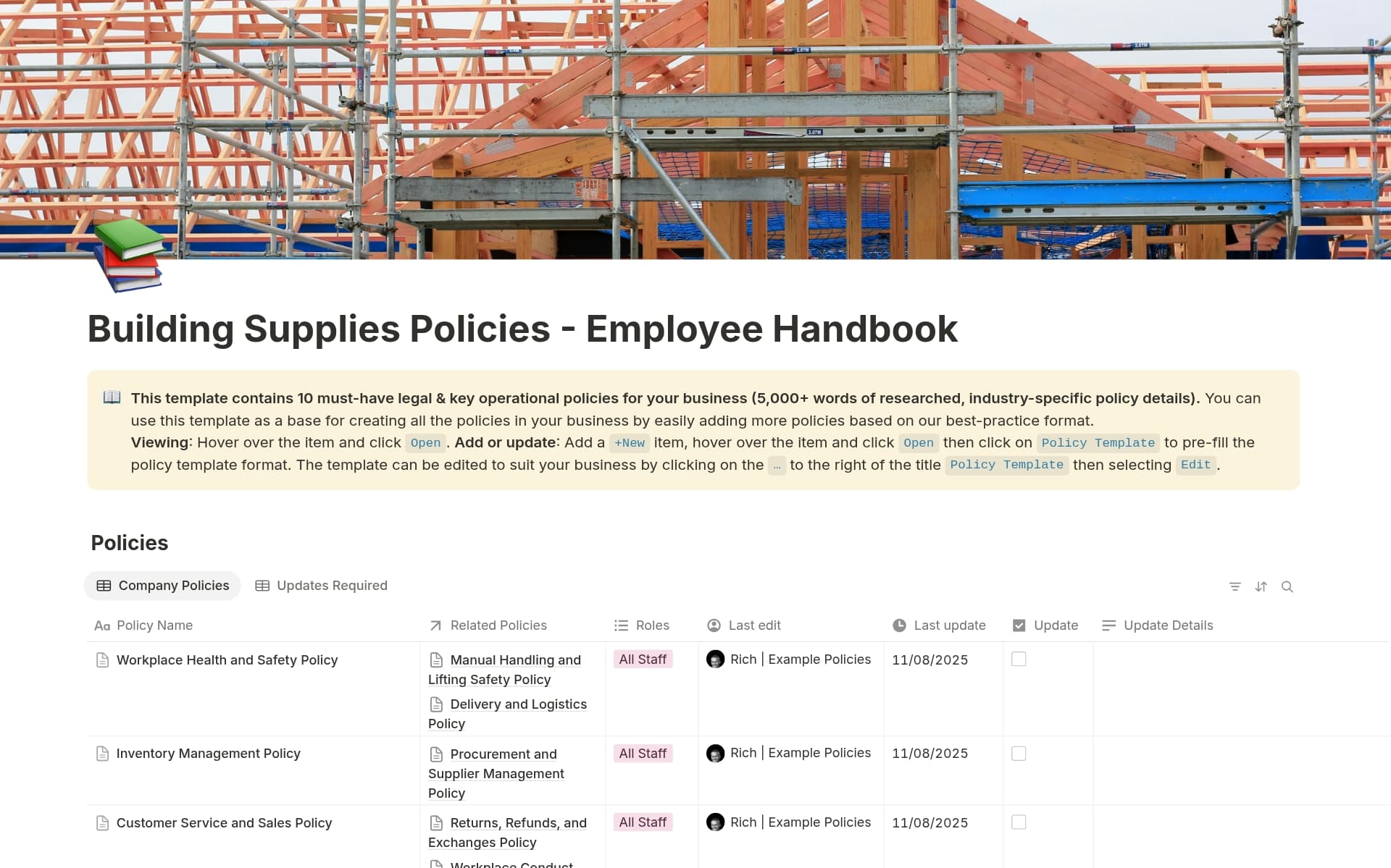A template preview for Building Supplies Policies - Employee Handbook