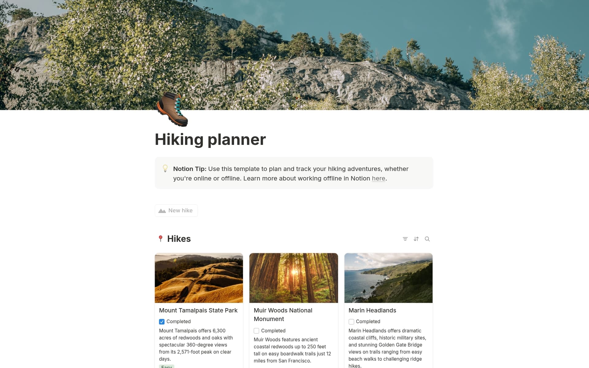 Vista previa de plantilla para Hiking planner