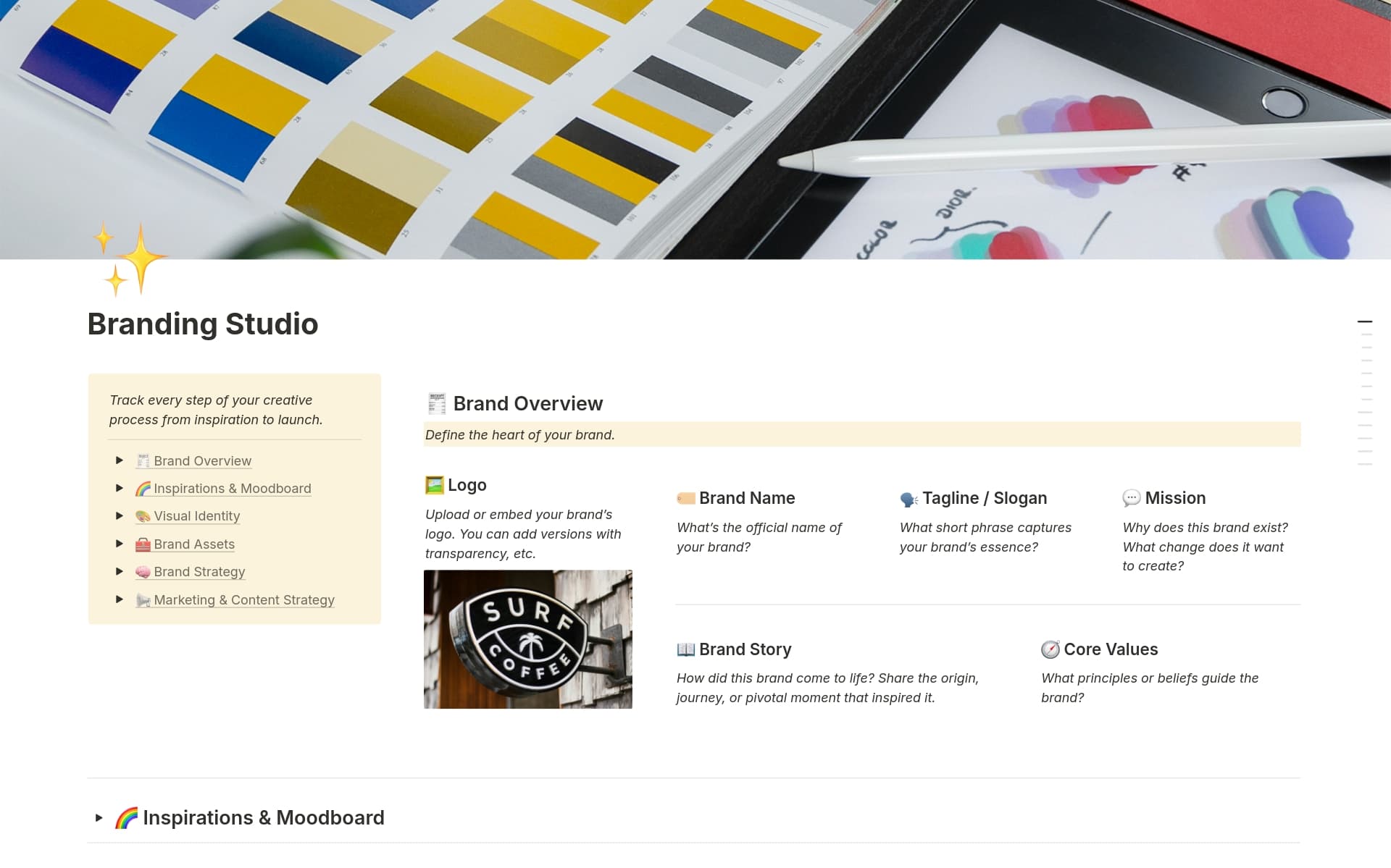 A beautifully structured Notion template to help you build your brand from the ground up — from moodboard and creative direction to visual identity, brand story, and content strategy. Perfect for founders, creatives, and personal brands building with intention.