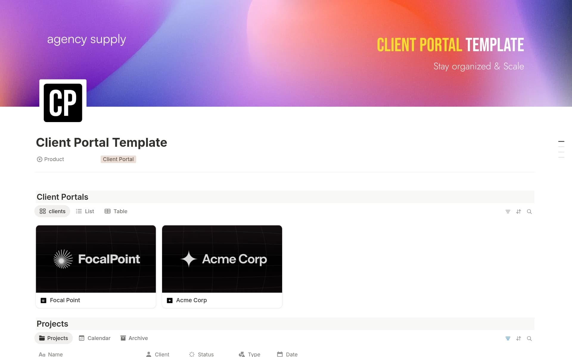 A template preview for Client Portal for Agencies