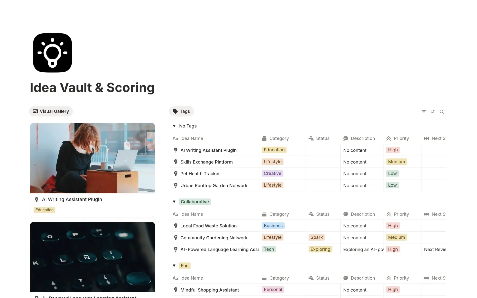 Idea Vault & Scoring template preview