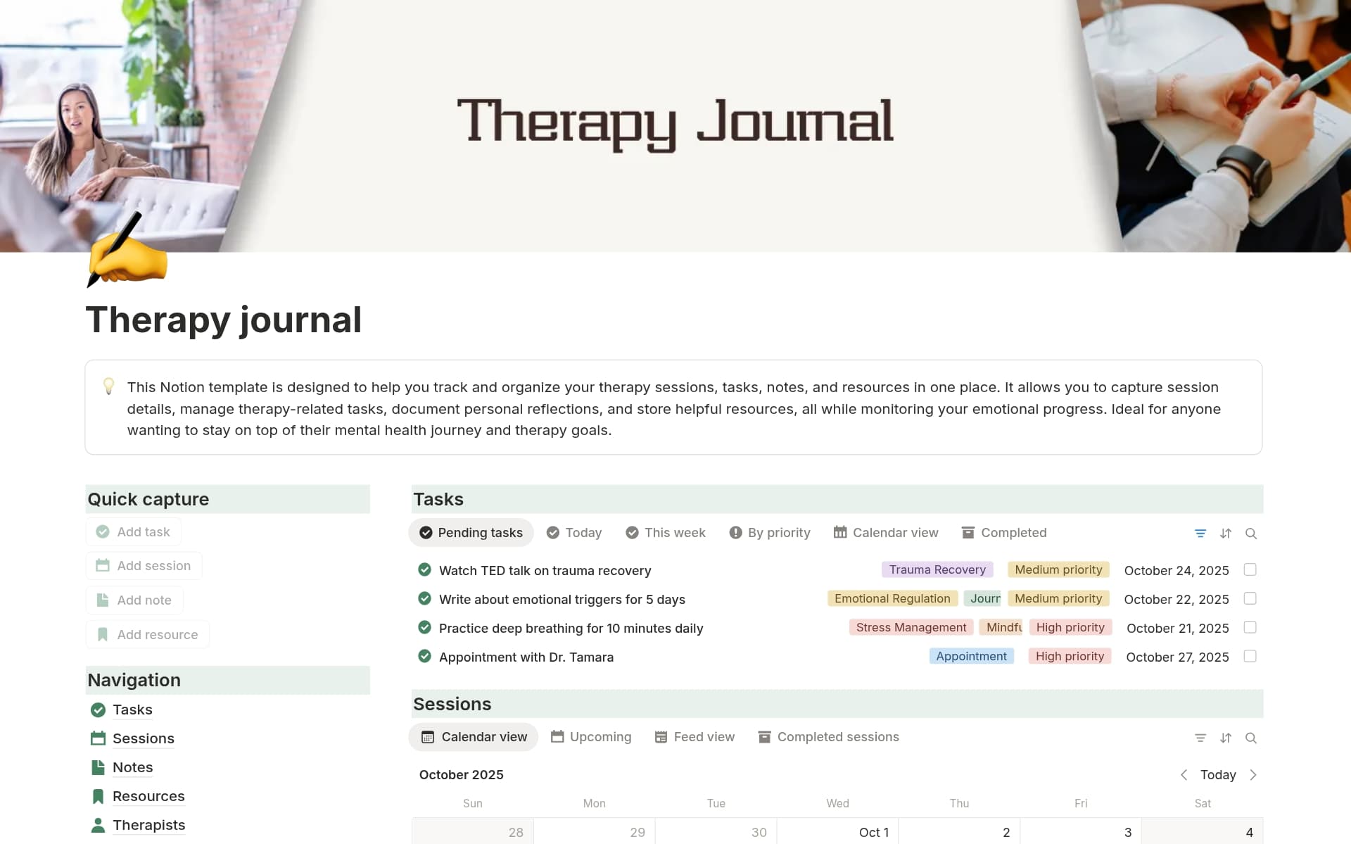 Therapy journalのテンプレートのプレビュー