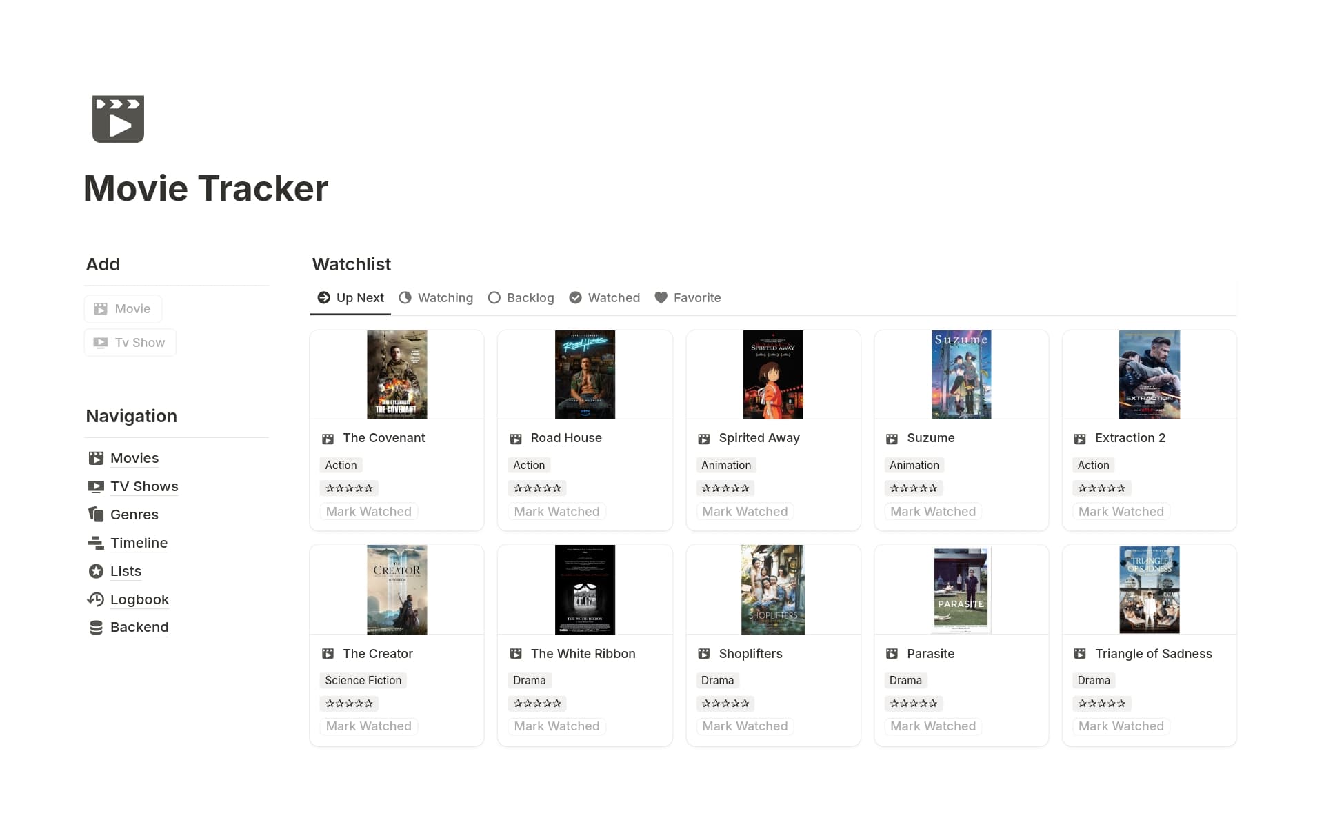 A template preview for Movie Tracker - Watchlist