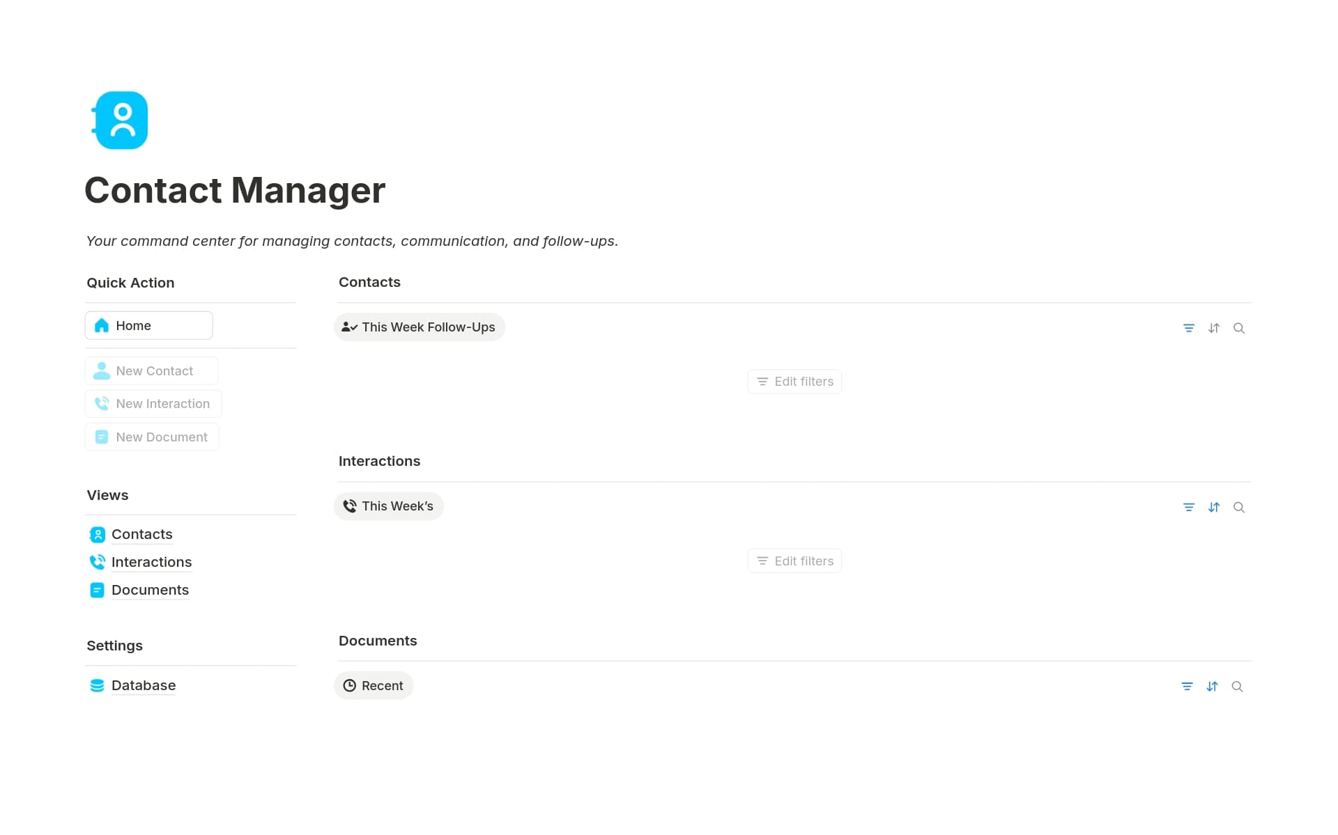 A clean, connected system to manage your contacts, track interactions, schedule follow-ups, and store documents—all from one intuitive dashboard.