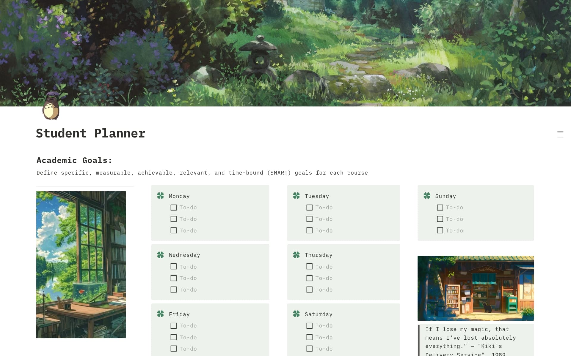 A template preview for Student Planner Ghibli Theme