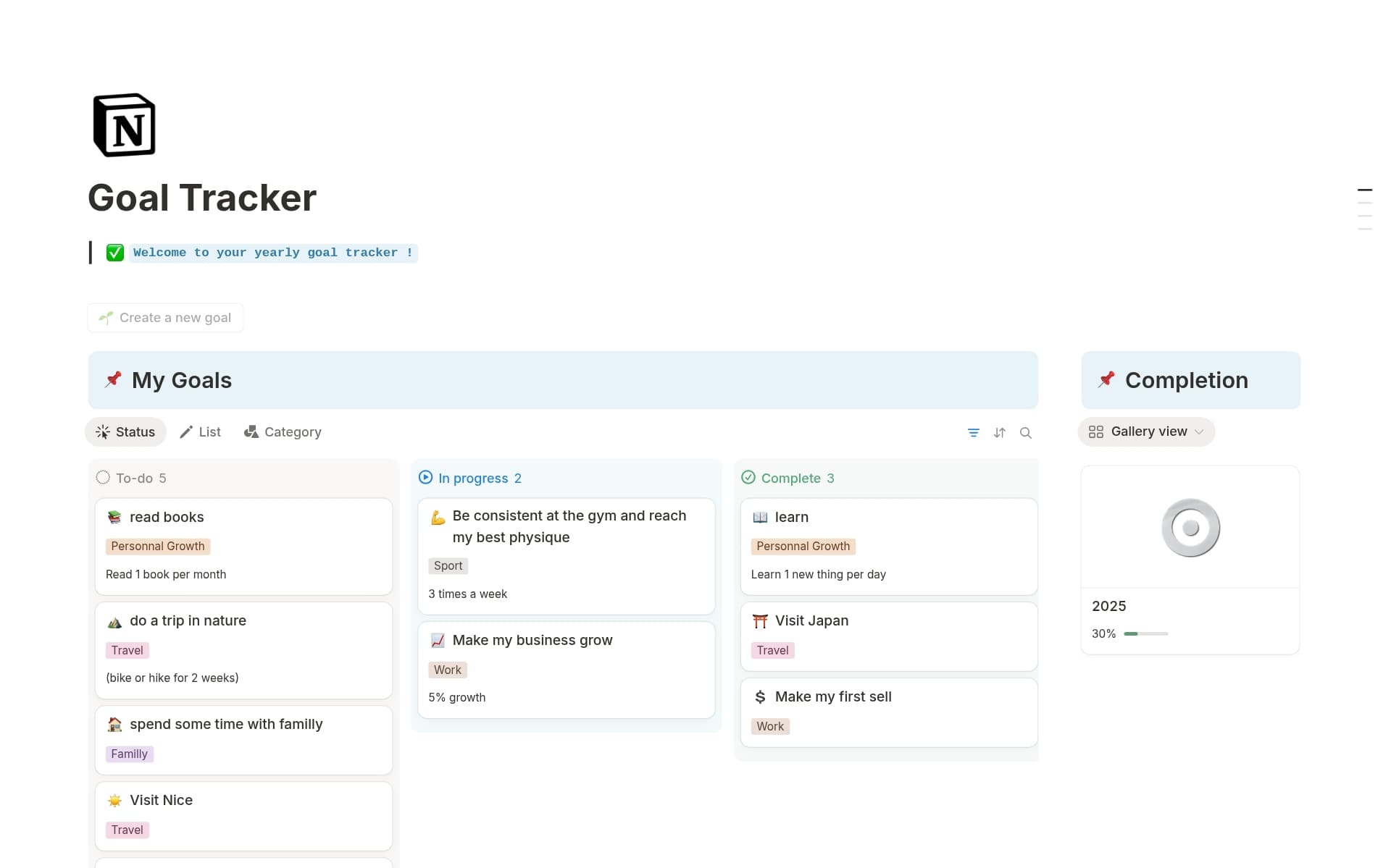 A template preview for Goal Tracker
