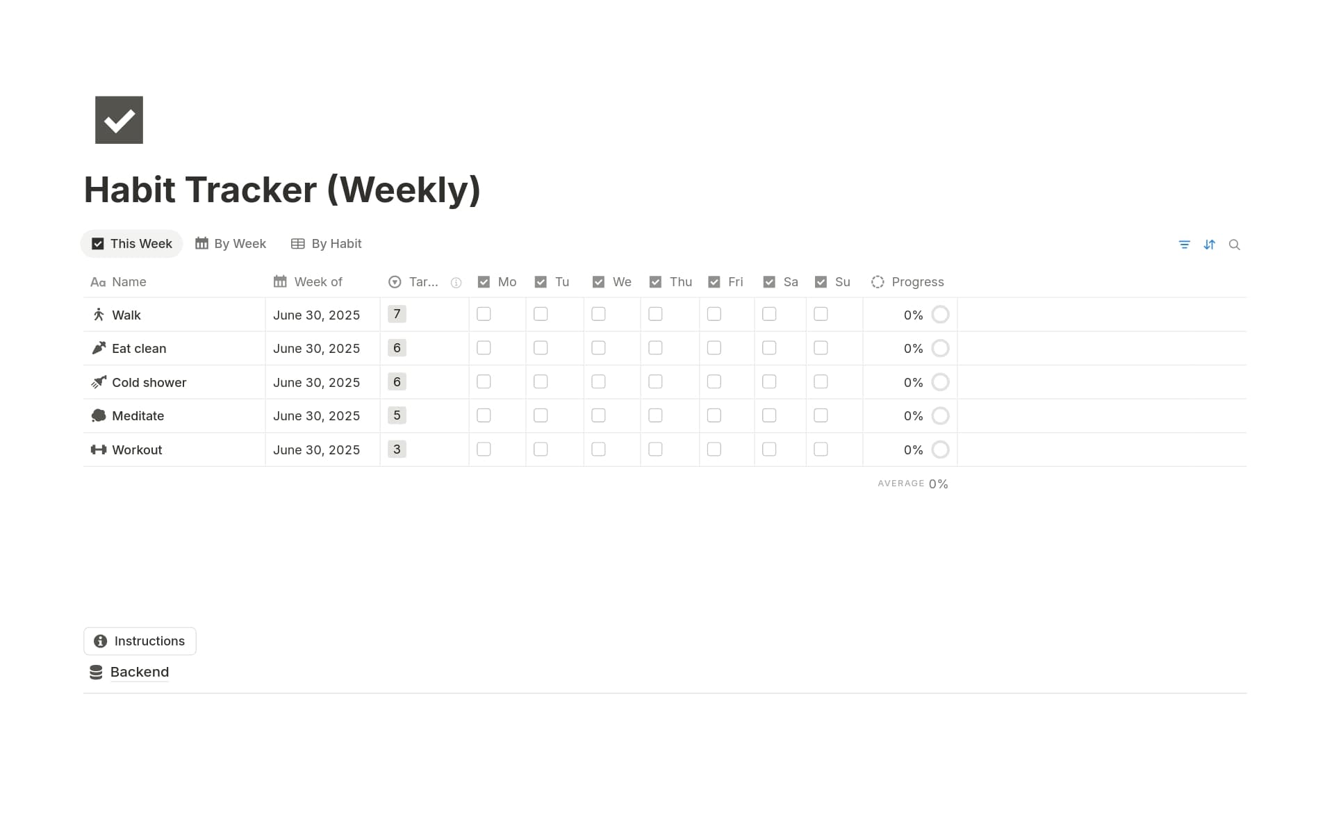 A template preview for Weekly Habit Tracker