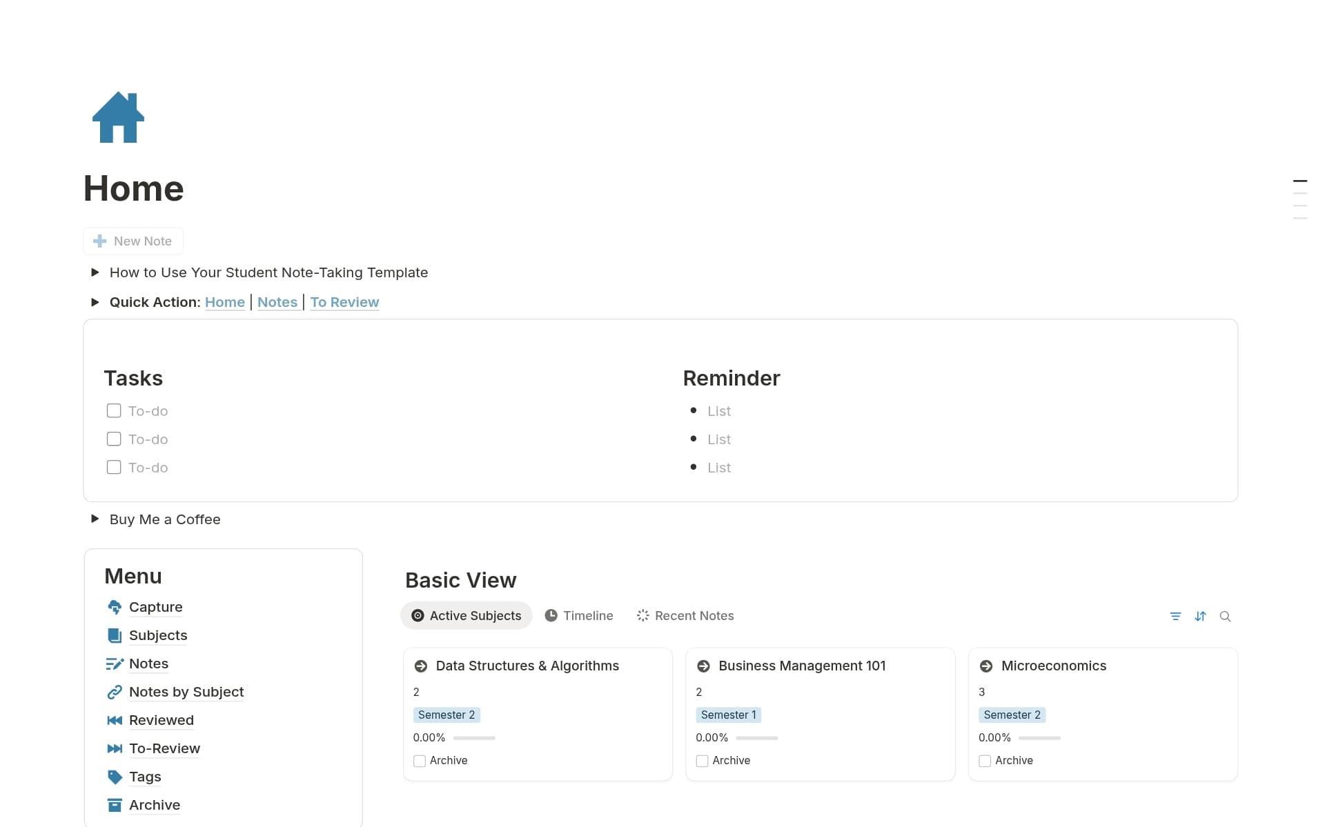 A template preview for Student Subject Notetaking System