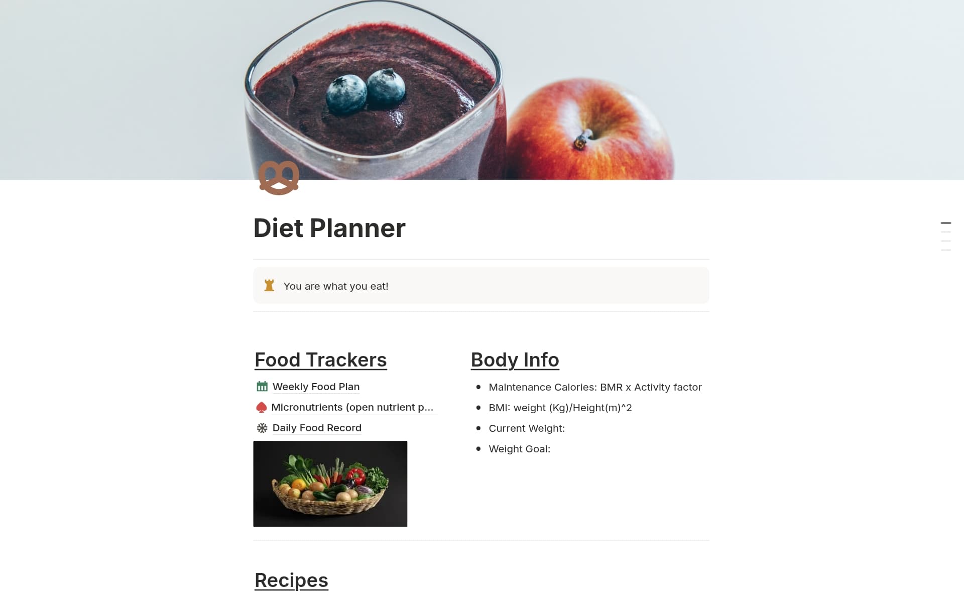 A template preview for Diet Planner