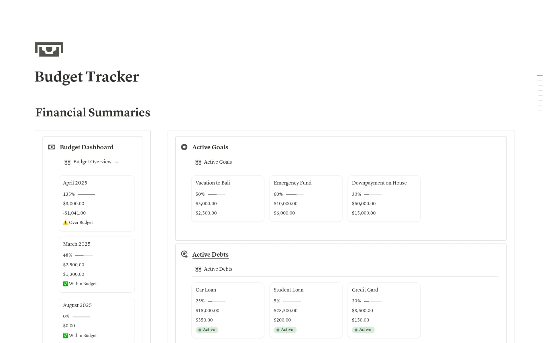 A template preview for Budget Tracker