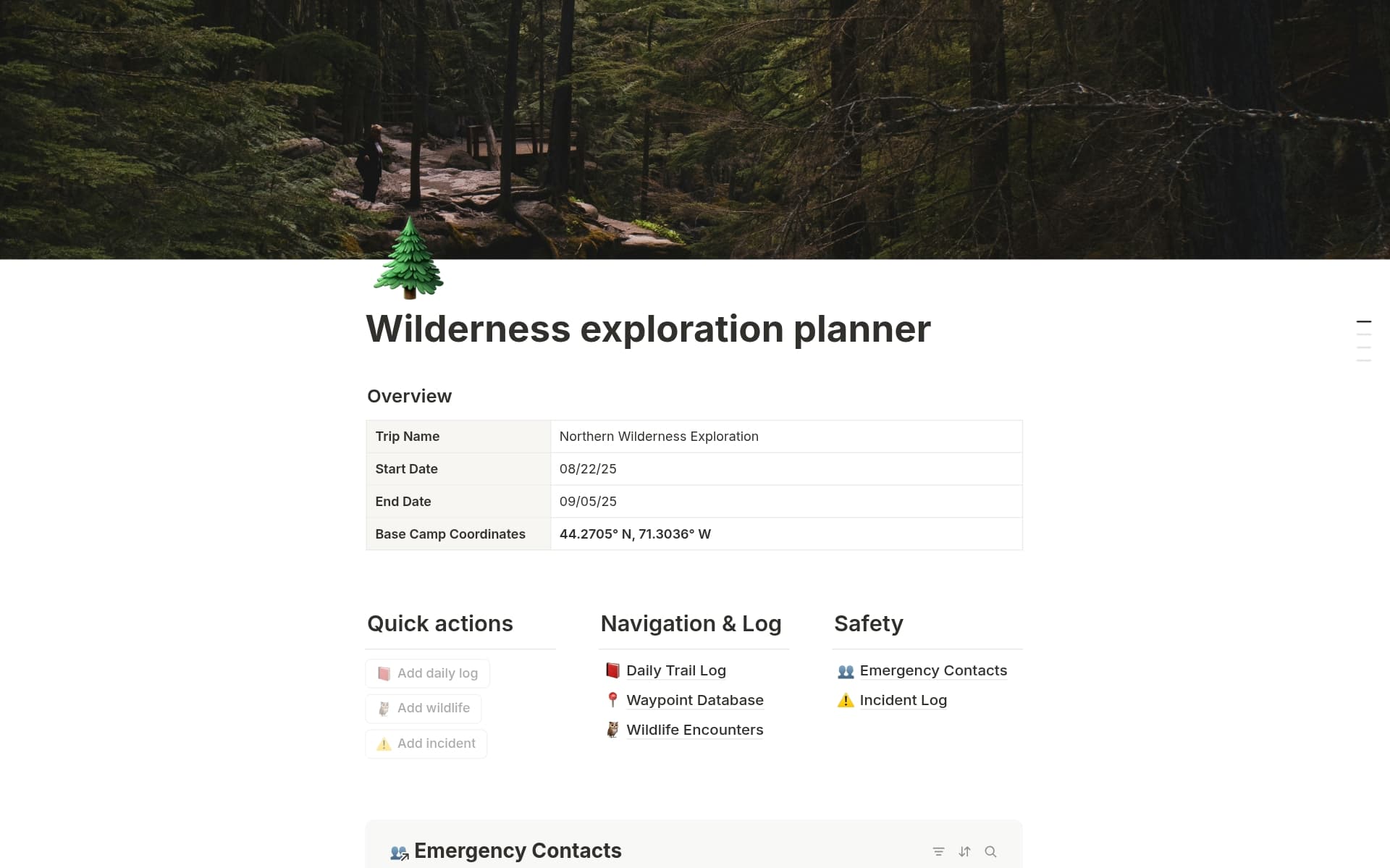 Vista previa de plantilla para Wilderness exploration planner