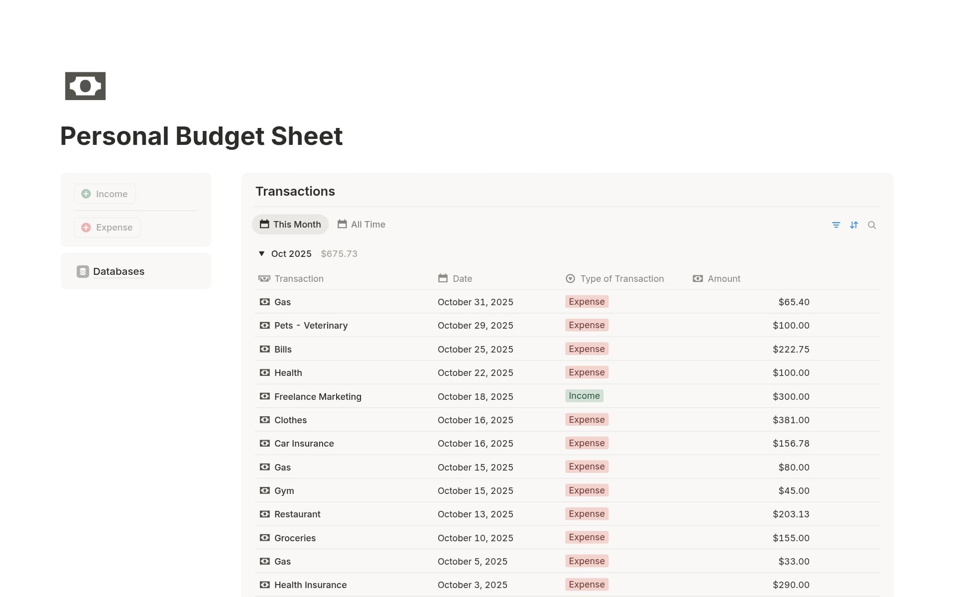 A template preview for Personal Budget Record